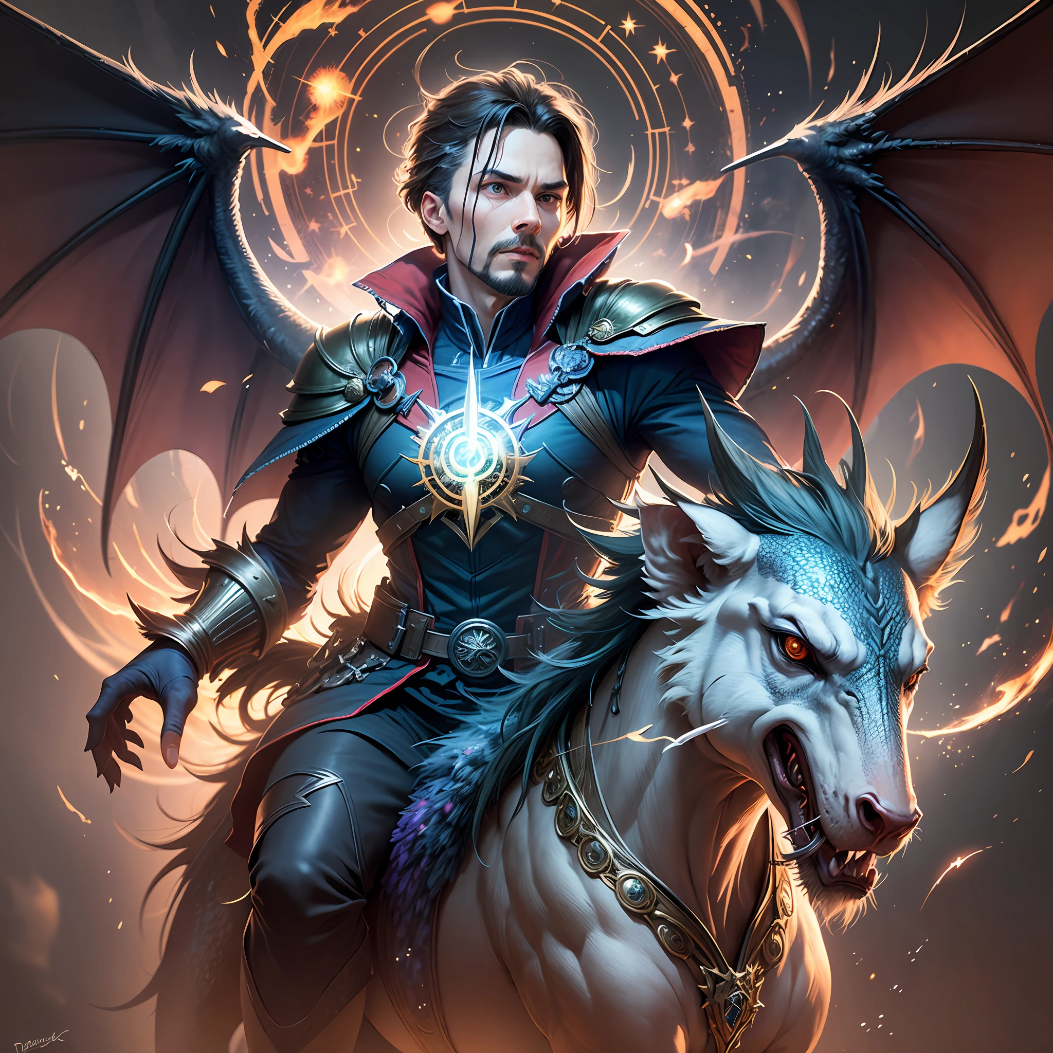 An awe-inspiring masterpiece reveals the legendary Dr. Strange riding a majestic winged dragon, surrounded by mystical halos radiating his own magical essence. The image captures a captivating and enchanting moment as Dr. Strange harnesses his mastery of magic while soaring through the skies atop this majestic creature. Dr. Strange is adorned in his signature attire, and the visual effects seamlessly blend with the scene to create a magical atmosphere. The image is filled with intricate details, rendered in stunning 8K resolution to showcase every nuance. The magical halos add a touch of enchantment and mystery to the image, showcasing Dr. Strange's ability to manipulate the forces of magic. Cutting-edge techniques such as HDR (High Dynamic Range), Ray Tracing, and NVIDIA RTX bring unrivaled visual fidelity, creating an immersive experience for the viewer. The interplay of vibrant colors and mystical lighting adds depth and dimensionality to the image, evoking a sense of wonder and awe. --auto --s2