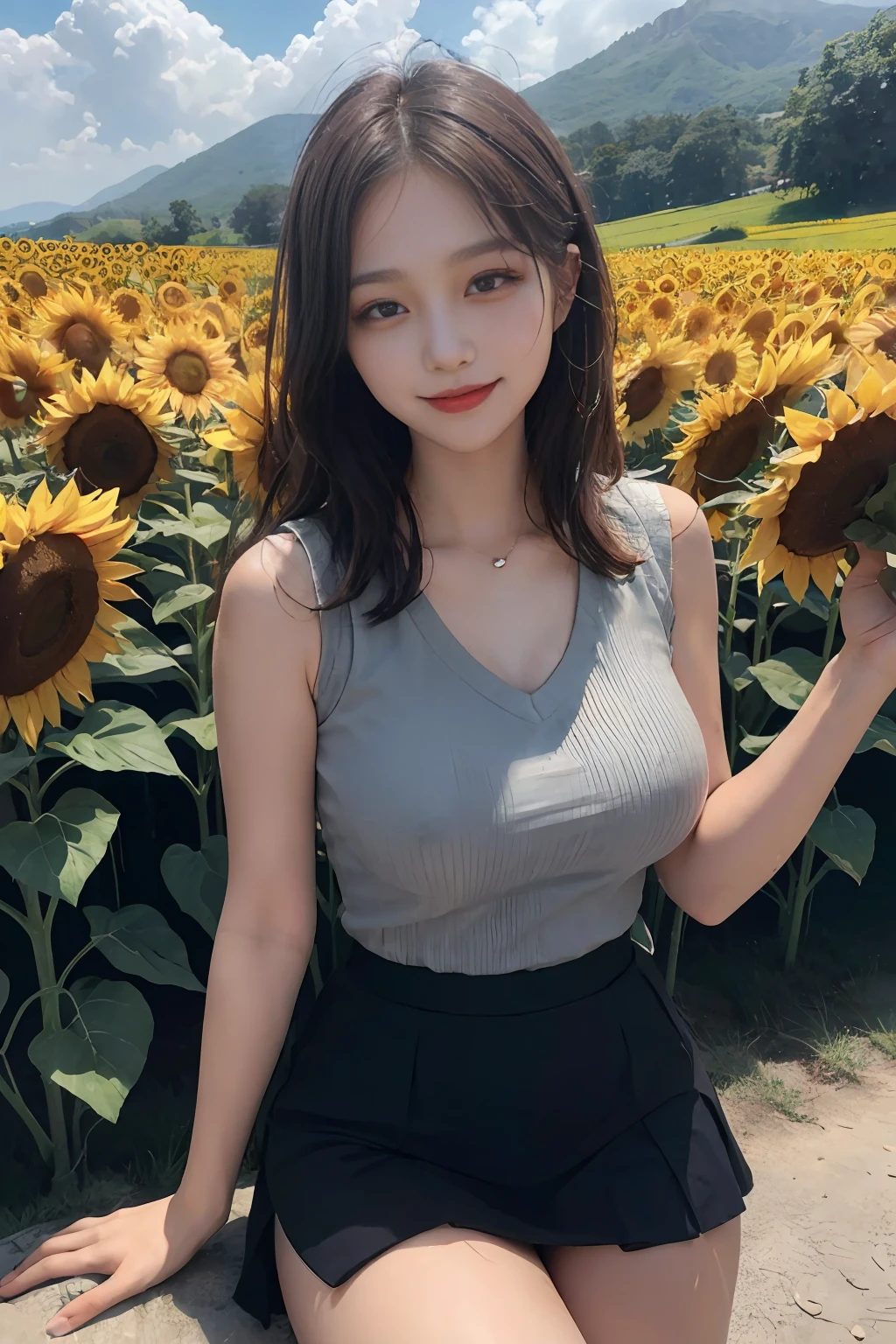 15 years old cute korean, big round breasts, short vest, skirt, beautiful eye details, eyelashes, beautiful double eyelids, eye shadow, drooping eyes, cut off eyes, fine thighs, beautiful thin legs, perfect eye makeup, ((seductive smile, squeaky look, evil expression)), sunflowers, sea of flowers, background is a field of flowers, flowers in hand, good fingers, brown hair, outdoors, aqua eyes