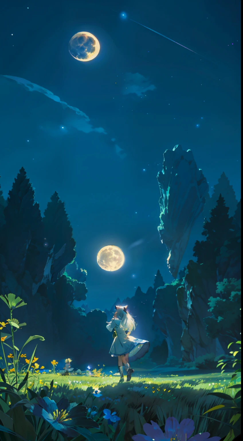 Extensive landscape photo , (above and below looking down), girl standing in flower field looking up, (full moon:1.2), ( shooting stars:0.9), (nebula:1.3), starry sky, white flower field, flower field shining, fantastic flower field, tree , (warm light source:1.2), (firefly:1. 2), lamp, orange and blue mostly fine details, voluminous lighting BREAK (Masterpiece:1.2), (top quality), 4k, super detailed, (dynamic composition:1.4), very fine details, colorful details, ( iridescent:1.2), (glowing lighting, atmospheric lighting), dreamy, fantastic, (solo:1.2), sparkling, glow, petals dancing, white hair, beautiful hair, long hair, cat ears, back view, water effects, soap bubbles, posed, hands are hidden in sleeves, Large lacy sleeves