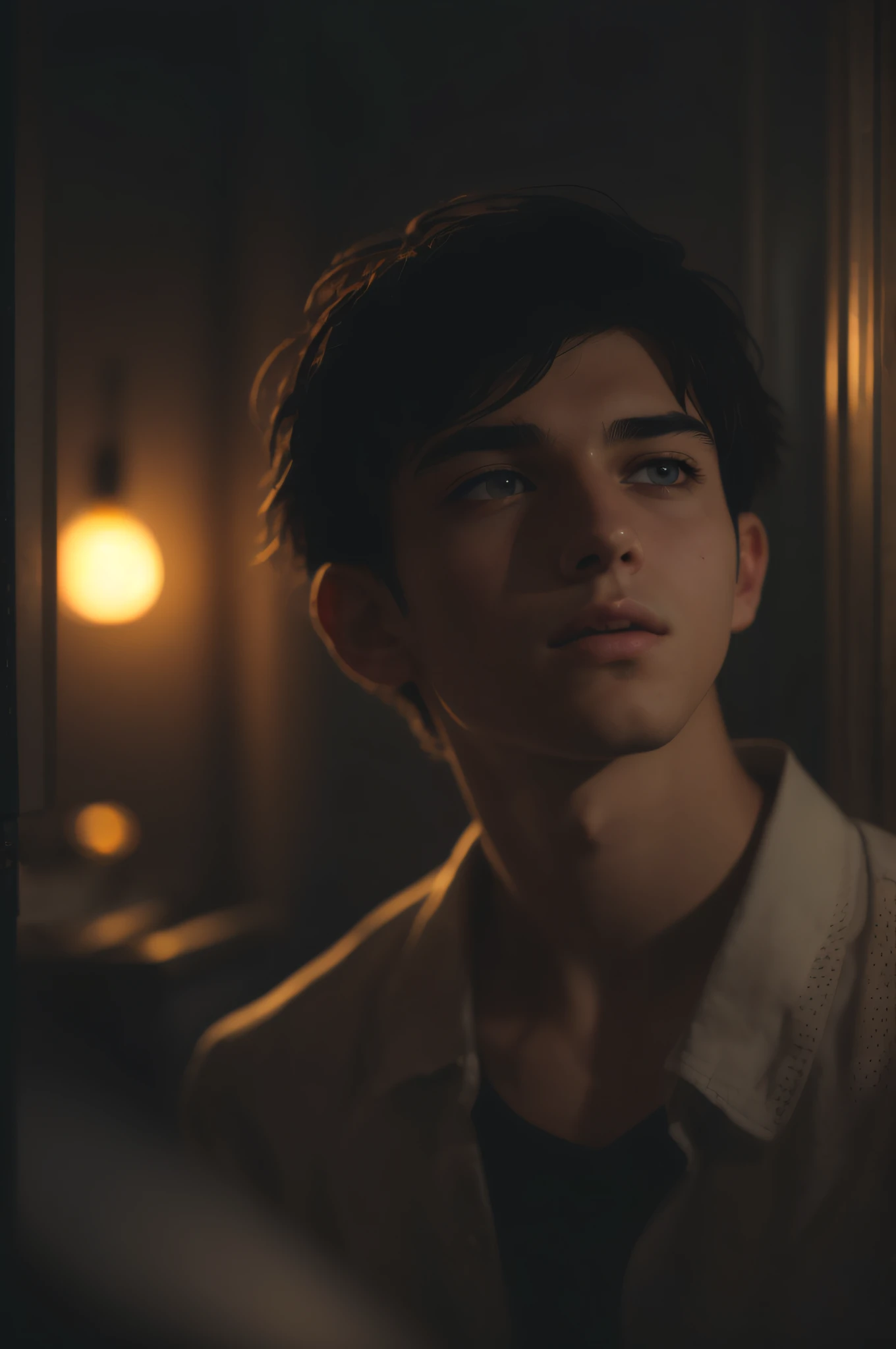 ((realistic lighting, superlative, 8k, masterpiece: 1.3)), beautiful 20-year-old 1 boy, short black hair, 1930s photography, British academic, mechanic, film photography, Kodak, dreamy atmosphere, film grain, film photography, concept photography, actual, realistic, zoom off, various poses, magazines, magazines