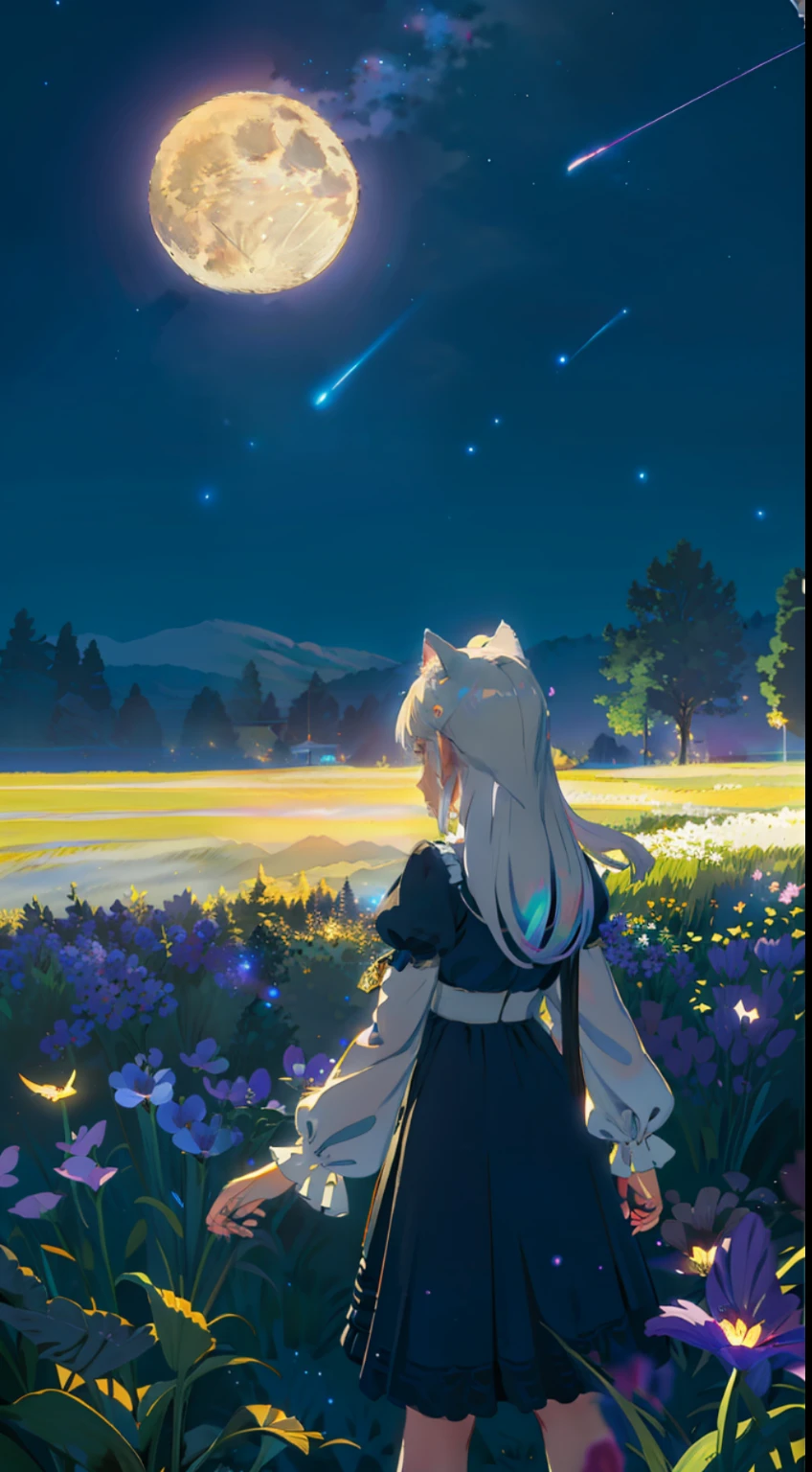 Extensive landscape photo , (above and below looking down), girl standing in flower field looking up, (full moon:1.2), ( shooting stars:0.9), (nebula:1.3), starry sky, white flower field, flower field shining, fantastic flower field, tree , (warm light source:1.2), (firefly:1. 2), lamp, orange and blue mostly fine details, voluminous lighting BREAK (Masterpiece:1.2), (top quality), 4k, super detailed, (dynamic composition:1.4), very fine details, colorful details, ( iridescent:1.2), (glowing lighting, atmospheric lighting), dreamy, fantastic, (solo:1.2), sparkling, glow, petals dancing, white hair, beautiful hair, long hair, cat ears, back view, water effects, soap bubbles, posed, hands are hidden in sleeves, Large lacy sleeves