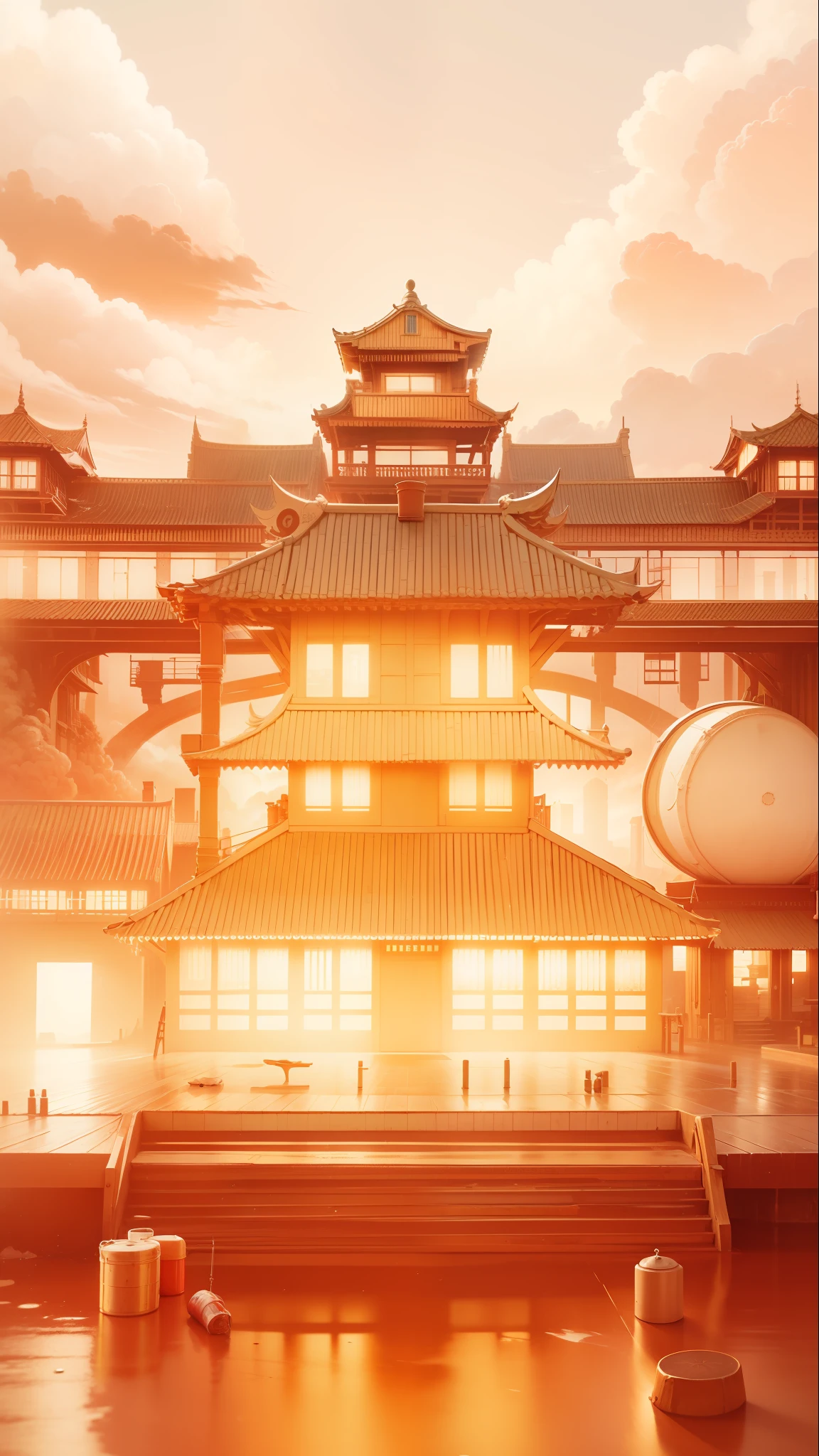 HD 8K light is strong and textured The picture is warm There are many ancient houses in the background There are orange clouds in the sky Partial face There is a platform directly in front of it, the platform is very smooth National style A picture