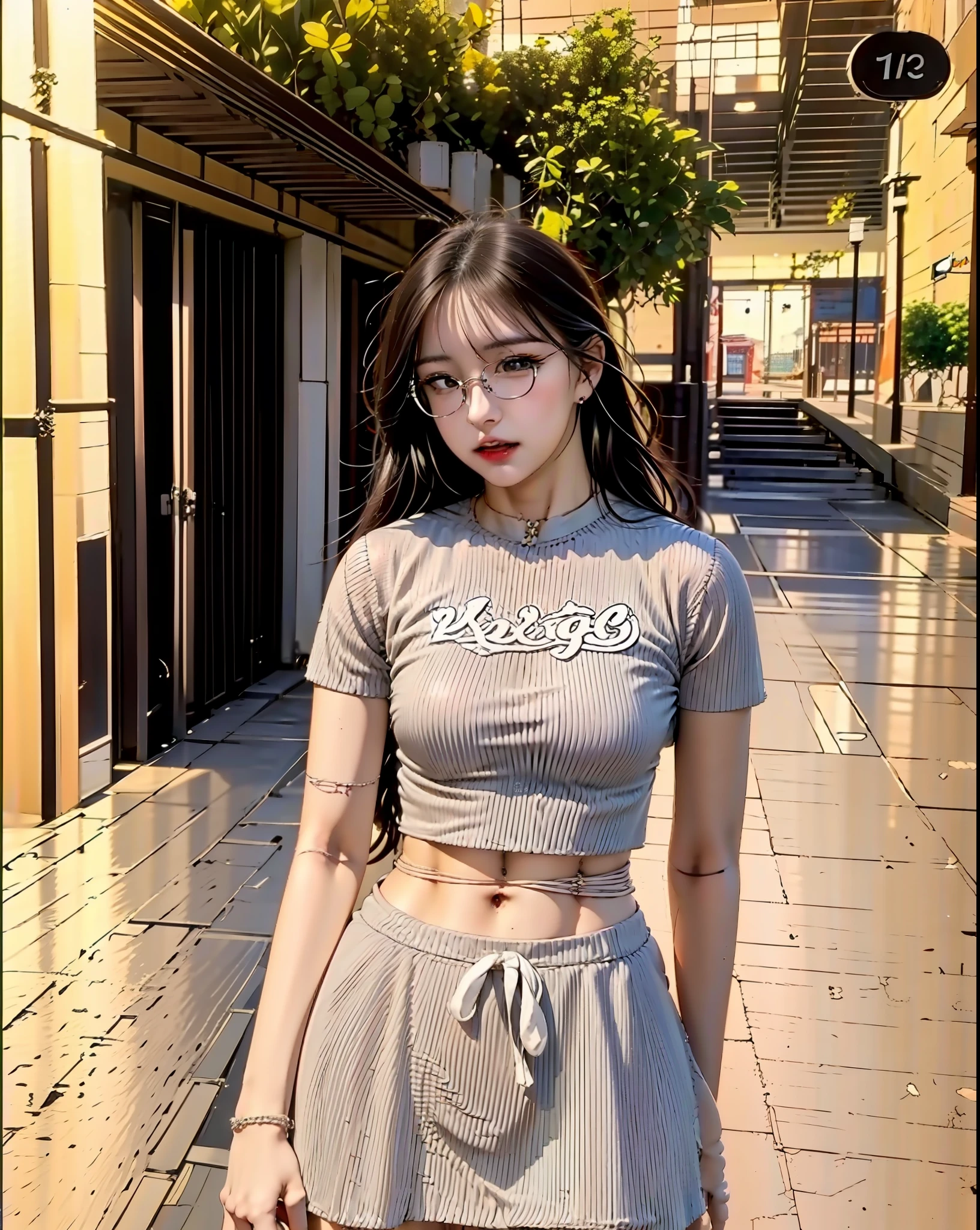 there is a woman standing on the side of the road wearing a grey shirt, with ripped crop t - shirt, ulzzang, casual clothes, croptop, casual clothing, physical : tinyest midriff ever, vintage aesthetic, trendy clothes, tied - up shirt, crop top, she is wearing streetwear, wearing crop top, korean girl, with glasses