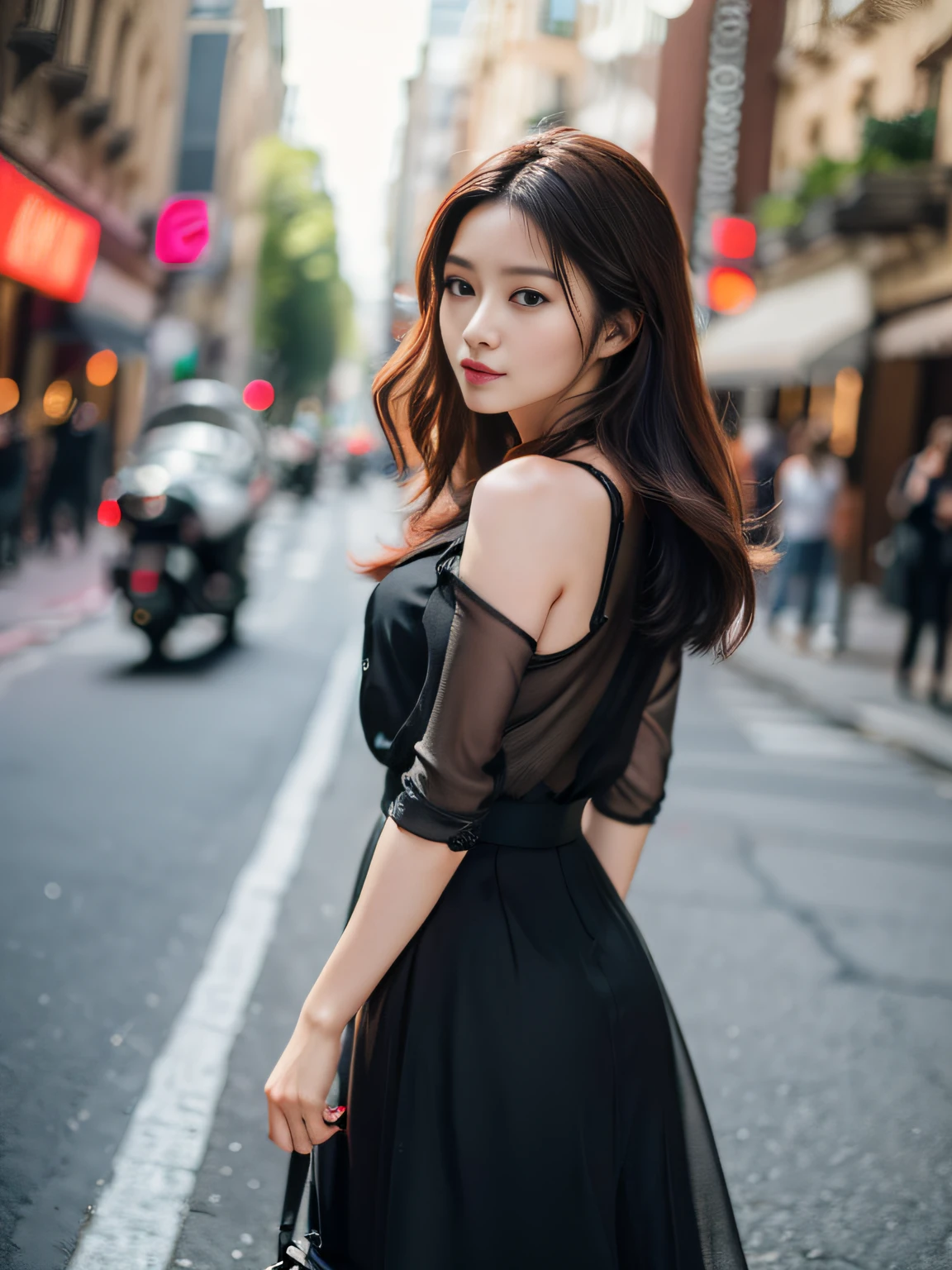 Woman posing seductive on street corner, top quality, high resolution, 8k, girl alone, outdoor, (street: 0.8), (people, crowd: 1), sleeveless dress, black dress: 1.5), gorgeous, (medium hair), (dynamic pose: 0.8), (upper body: 1.2), soft lighting, wind, glossy skin, gaze,