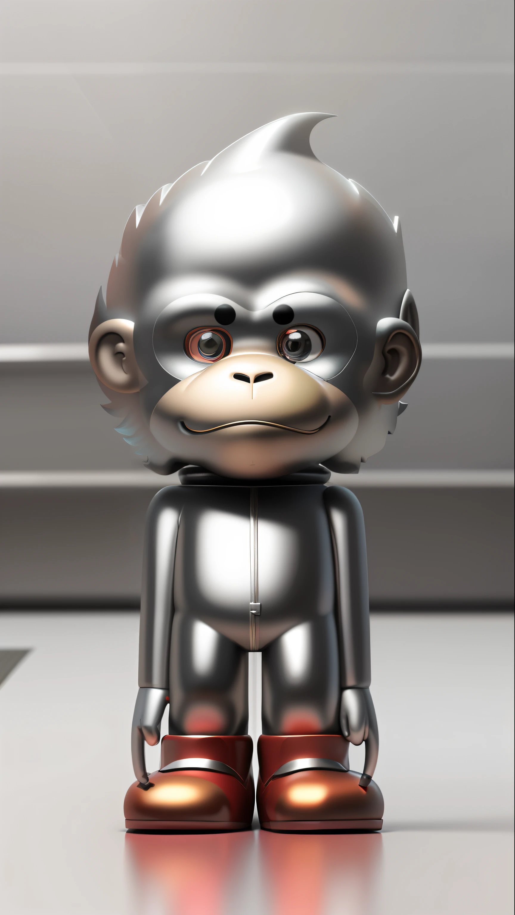 Cartoon monkey with silver hair and red shoes, Alumin, Metallic, 3d model of Japanese mascot, Toonix character, giant chrome man, full body mascot, humanoid monkey fantasy race, monkey, gray anthropomorphism, vinyl toy statue, Japanese mascot, high detail iconic character, shiny metal, Cheburashka three-view front side back