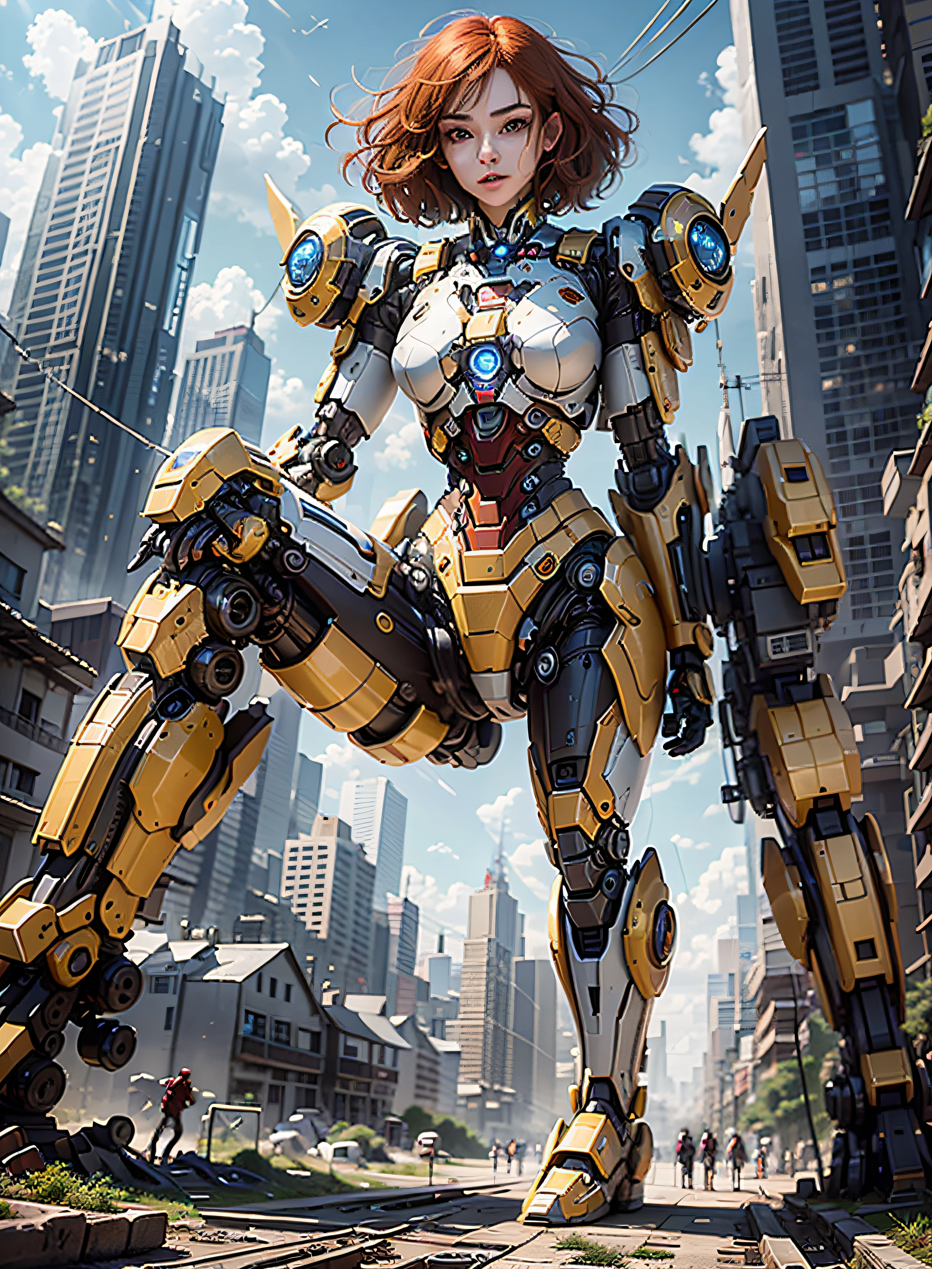 RAW, masterpiece, ultra thin photo, best quality, ultra high resolution, photorealistic 8K, sunlight, full body portrait, incredibly beautiful, dynamic poses, sexy, delicate face, vibrant eyes, (red hair), she is using a futuristic Iron Man engine, red and yellow gold color scheme, highly detailed robot factory background, detailed face, detailed and complex busy background, messy, gorgeous, milky white, highly detailed skin, realistic skin details, visible pores, sharp focus, volumetric mist, 8k uhd, dslr camera, high quality, film grain, fair skin, photorealism, lomography, expanding metropolis in futuristic dystopia, view from below, translucent, cables connected to robots,