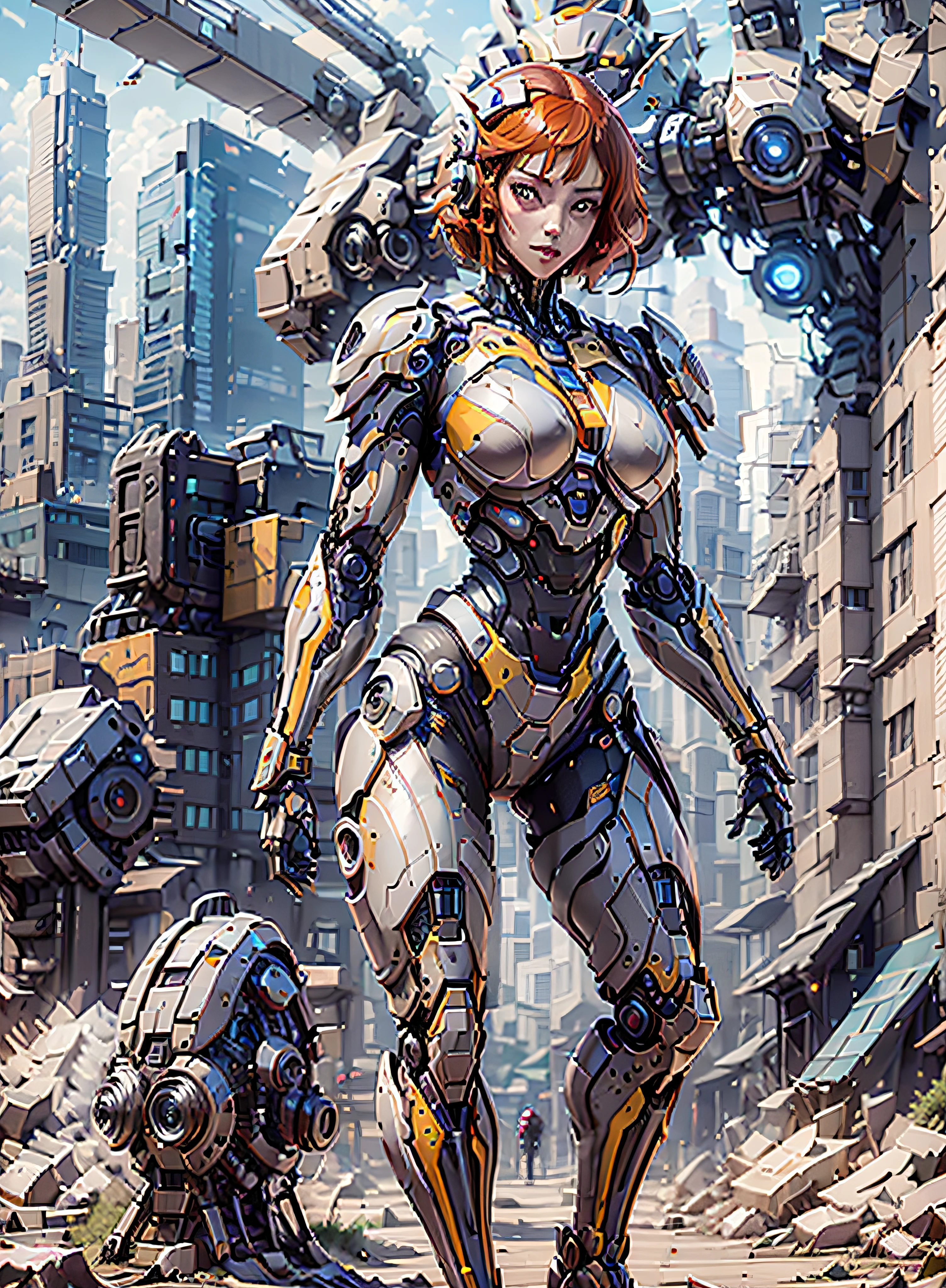 RAW, masterpiece, ultra thin photo, best quality, ultra high resolution, photorealistic 8K, sunlight, full body portrait, incredibly beautiful, dynamic poses, sexy, delicate face, vibrant eyes, (red hair), she is using a futuristic Iron Man engine, red and yellow gold color scheme, highly detailed robot factory background, detailed face, detailed and complex busy background, messy, gorgeous, milky white, highly detailed skin, realistic skin details, visible pores, sharp focus, volumetric mist, 8k uhd, dslr camera, high quality, film grain, fair skin, photorealism, lomography, expanding metropolis in futuristic dystopia, view from below, translucent, cables connected to robots,