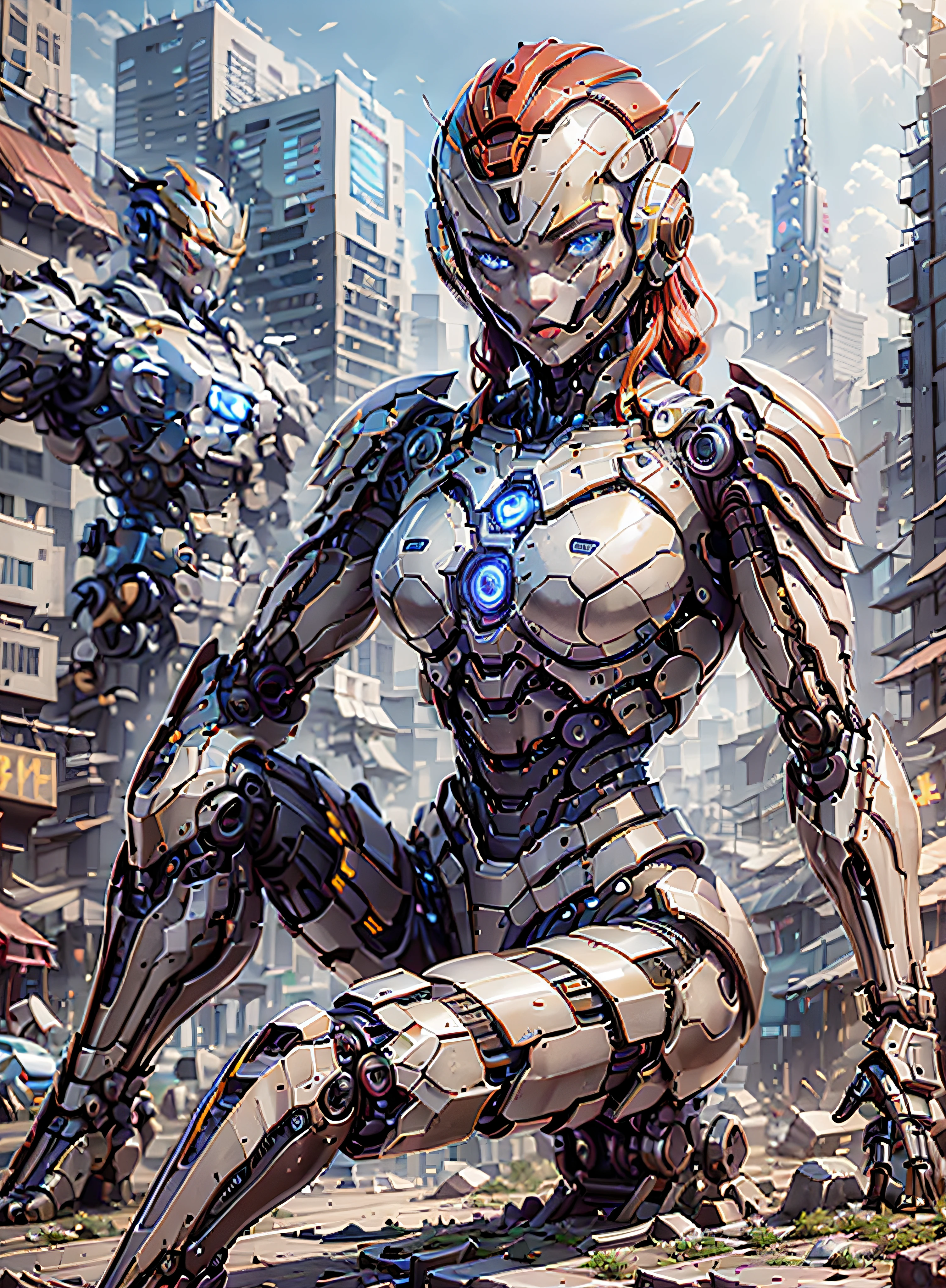 RAW, masterpiece, ultra thin photo, best quality, ultra high resolution, photorealistic 8K, sunlight, full body portrait, incredibly beautiful, dynamic poses, sexy, delicate face, vibrant eyes, (red hair), she is using a futuristic Iron Man engine, red and yellow gold color scheme, highly detailed robot factory background, detailed face, detailed and complex busy background, messy, gorgeous, milky white, highly detailed skin, realistic skin details, visible pores, sharp focus, volumetric mist, 8k uhd, dslr camera, high quality, film grain, fair skin, photorealism, lomography, expanding metropolis in futuristic dystopia, view from below, translucent, cables connected to robots,