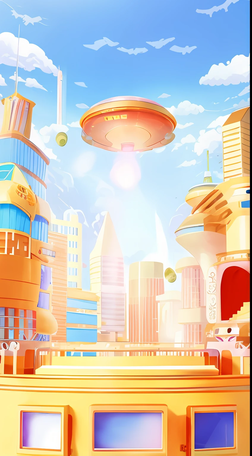 cartoon illustration of a futuristic city with a flying saucer, futuristic city backdrop, the ufo is over the city, futuristic city backgrond, background artwork, futuristic city background, an alien cityscape, background art, futuristic utopian city, cybernetic city background, futuristic utopian metropolis, futuristic city in background, alien cityscape, space port city, futuristic city scape --auto