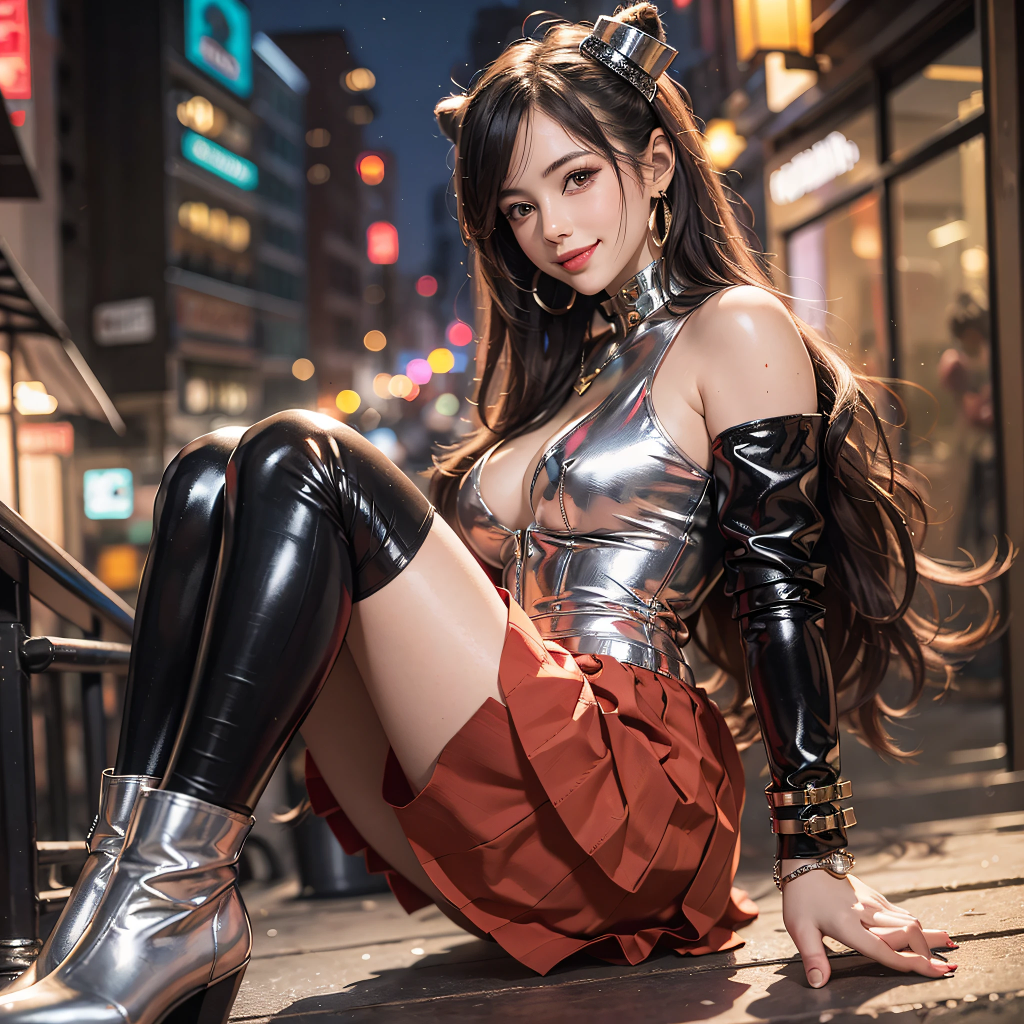 8k, best quality, high resolution, realistic, real person, night red light district, smile, young and pretty single girl, metallic pleated skirt, bodysuit, booties with heels, (wearing a lot of fancy accessories))