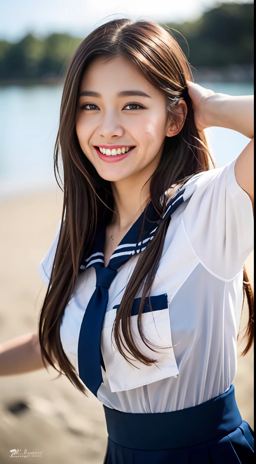 (8k, RAW photos, highest quality, masterpiece: 1.2), ultra detail, super resolution, (photorealistic: 1.4), frolicking at the water's edge, full body shots, full body photos, high resolution RAW color photos, professional photos, sun beach, emotional scenery, very detailed and beautiful, ultra high quality, 8k wallpapers, amazing details, huge file size, very detailed beautiful girls, very detailed faceVery detailed eyes, very realistic skin, Very detailed fingers, Very detailed nose, Very detailed mouth, Perfect anatomy, Very detailed background, Very detailed clothes, , Pretty girl, Famous Japan idol, Cute, Realistic body, Slender, White skin, Glowing skin, Slim body, Long straight hair, (dull bangs:1.2), Realistic face, Delicate eyes, Double eyelids, Sailor suit, red tie, pink eye shadow, high school girl Smiling hair, after school Beautiful sunset Beach brown hair Energetic Celebrity-level cuteness Looks fun Smiling figure, arms outstretched facing us, modern female proofreading, full body photo