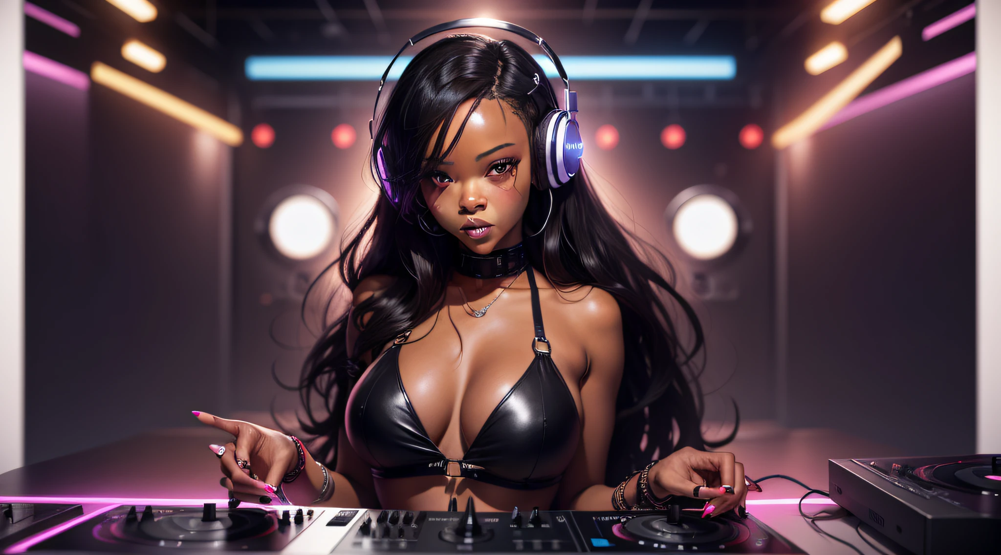 Rihanna dark skin, beautiful, 20 years old, DJ headset, long black straight hair, big breasts and neckline top, perfect eyes, brunette, with eyes, doing remixes in a disco with lots of neon colored lights