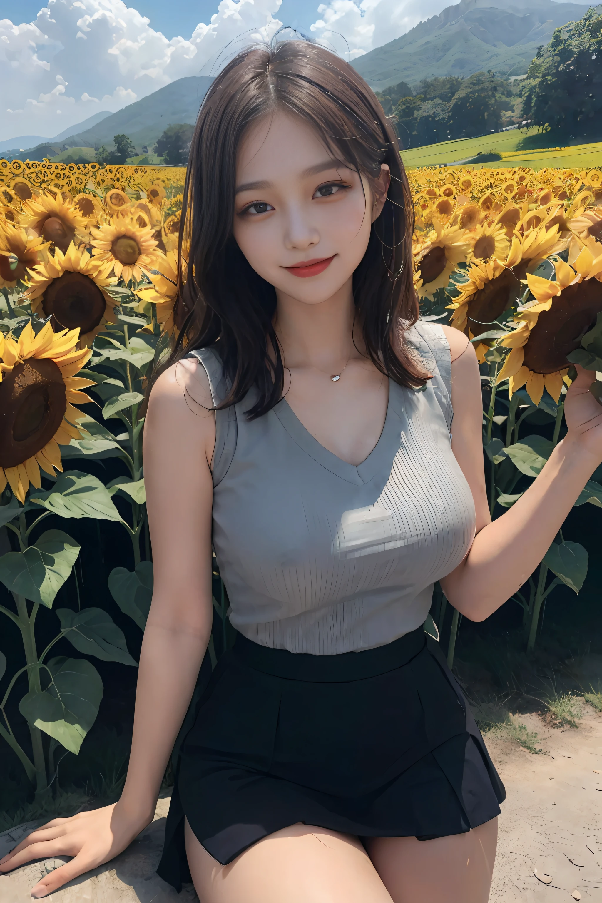  cute korean, big round breasts, short vest, skirt, beautiful eye details, eyelashes, beautiful double eyelids, eye shadow, drooping eyes, cut off eyes, fine thighs, beautiful thin legs, perfect eye makeup, ((seductive smile, squeaky look, evil expression)), sunflowers, sea of flowers, background is a field of flowers, flowers in hand, good fingers, brown hair, outdoors, aqua eyes