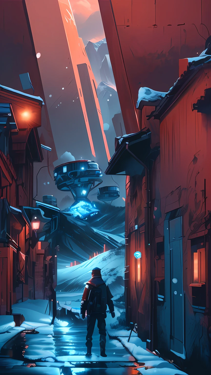 Back, alley, snowy mountains, sci-fi atmosphere, huge contrast, lighting, high-precision illustration, cinematic sense