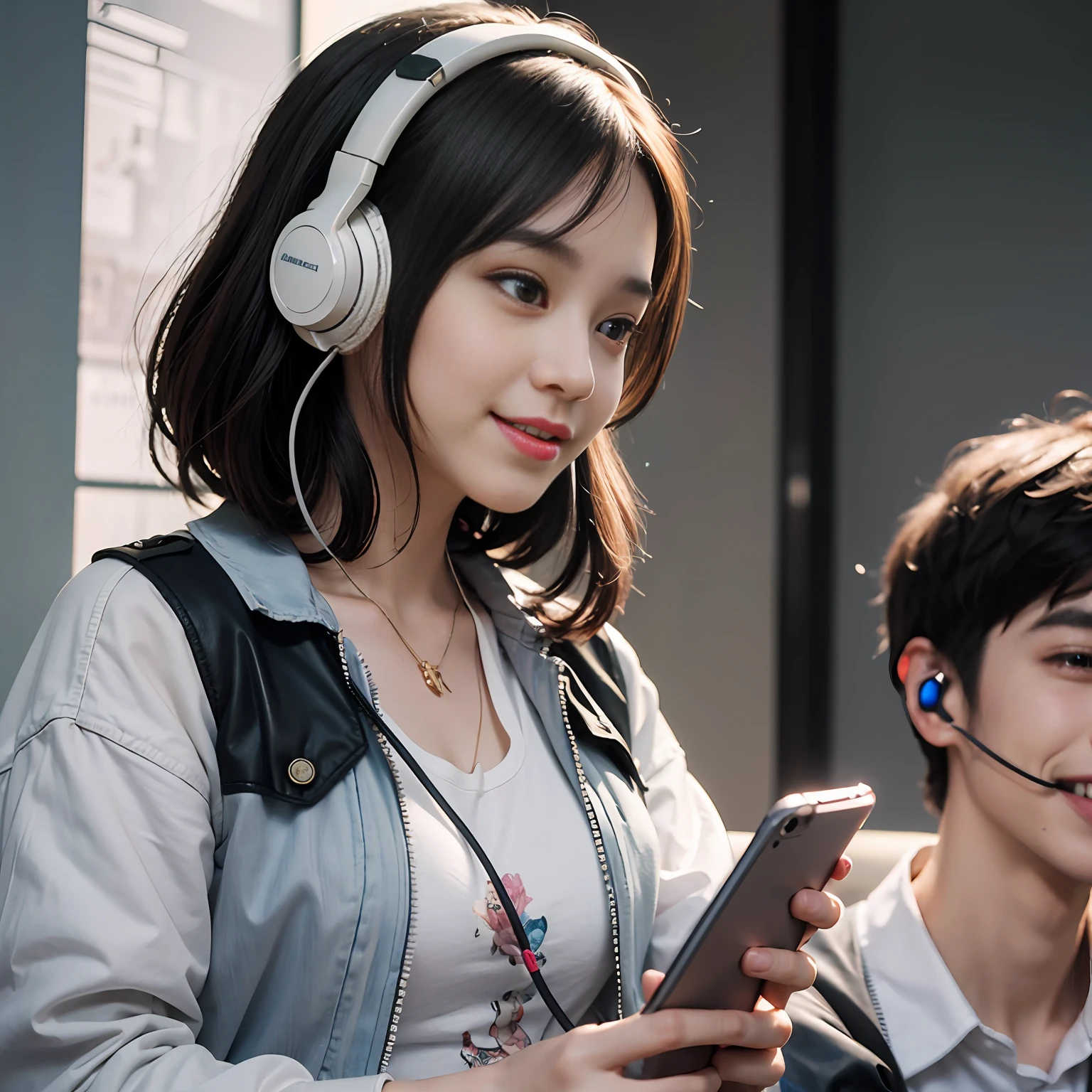High resolution + highest quality illustrations showcasing cinematic light and ultra-detailed detail. A girl and a boy appear in masterpieces, holding mobile phones, wearing headphones, smiling, enjoying music, all in the distance.