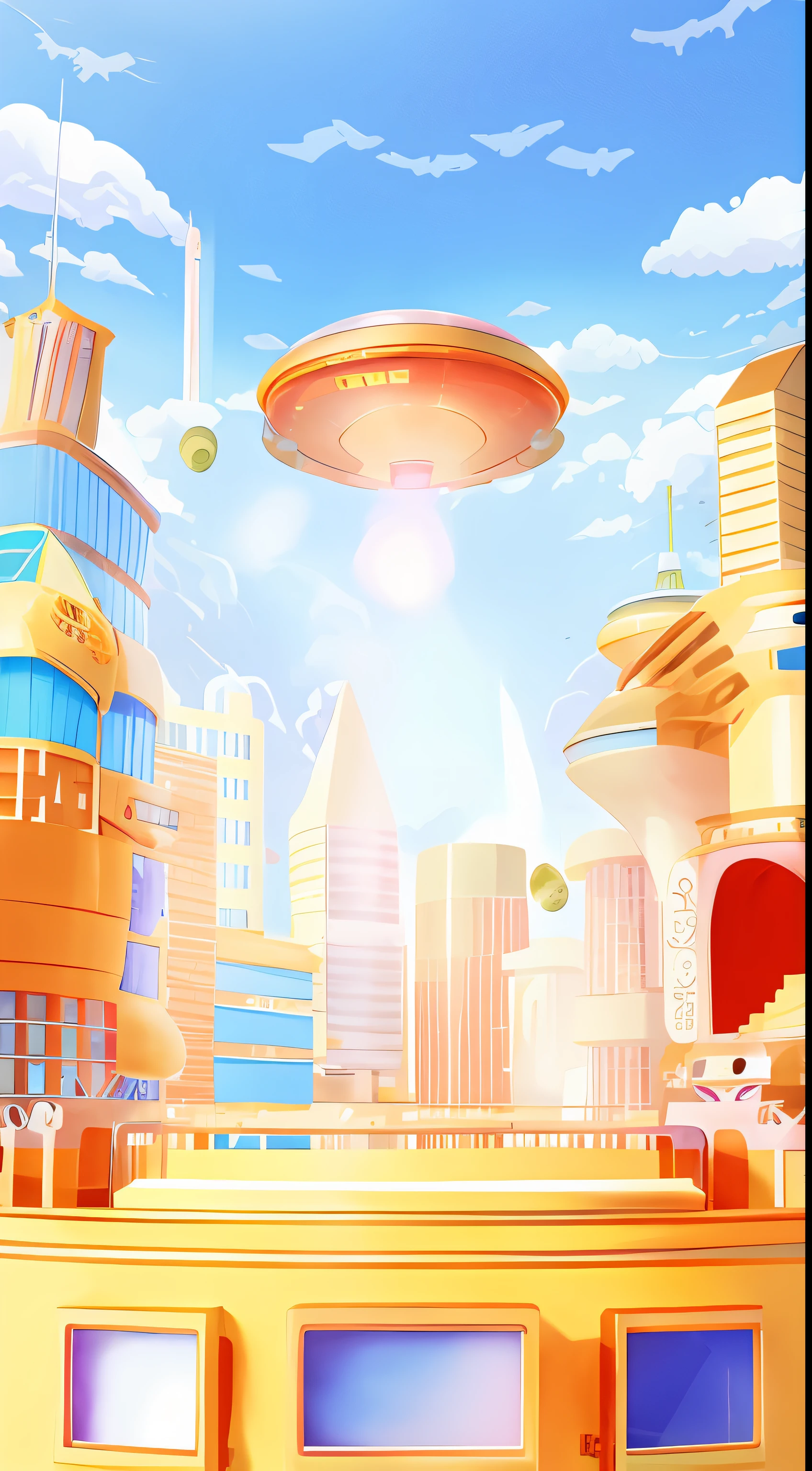 cartoon illustration of a futuristic city with a flying saucer, futuristic city backdrop, the ufo is over the city, futuristic city backgrond, background artwork, futuristic city background, an alien cityscape, background art, futuristic utopian city, cybernetic city background, futuristic utopian metropolis, futuristic city in background, alien cityscape, space port city, futuristic city scape --auto