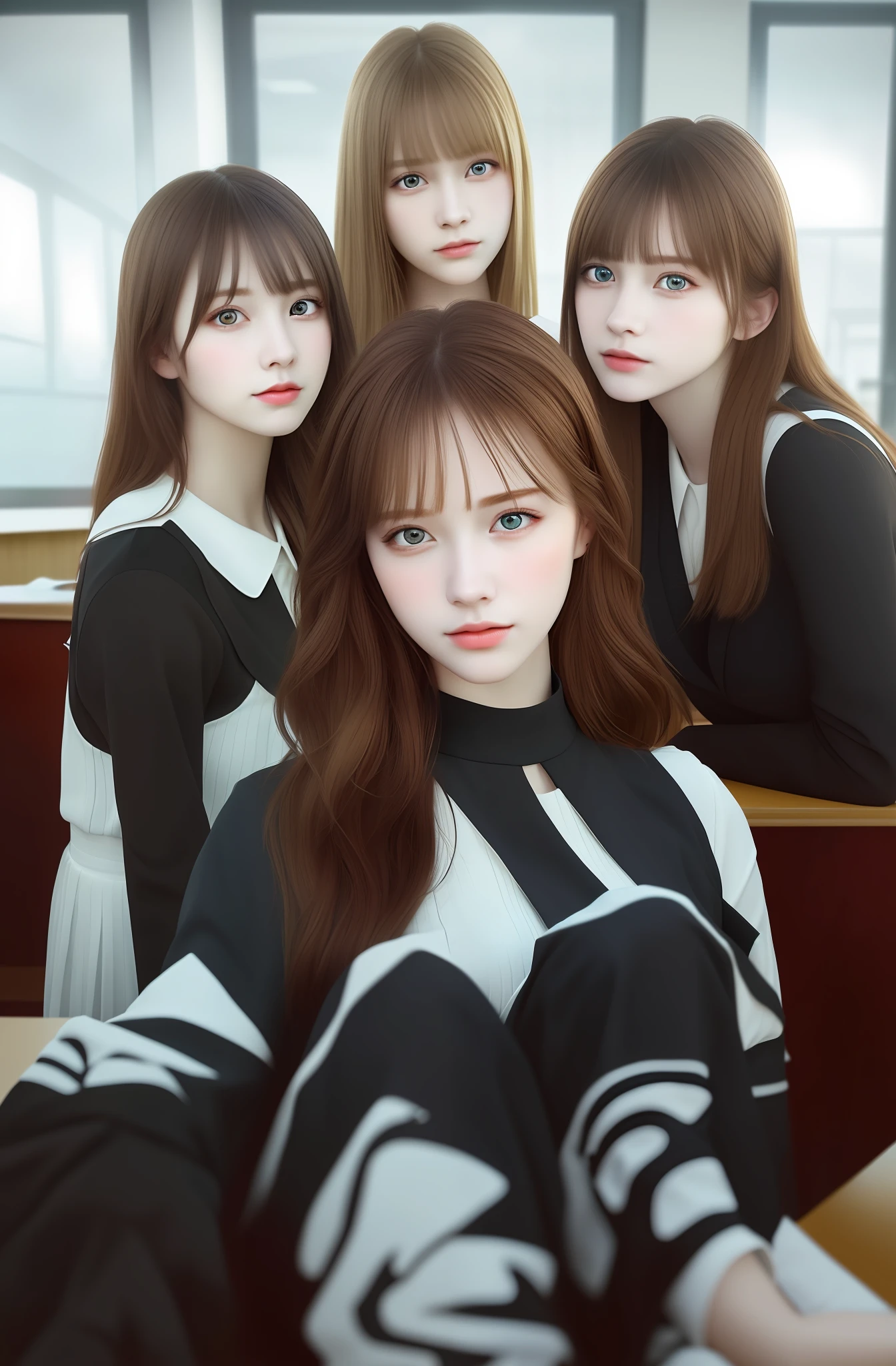 masterpiece, top quality, (realistic, photorealistic: 1.4), very elaborate CG Unity 8K wallpaper, very delicate and beautiful, wonderful, very fine, very fine, beautiful eyes and face, beautiful elaborate eyes, four girls, light on face, long hair, sleeveless shirt, bangs, school, classroom,