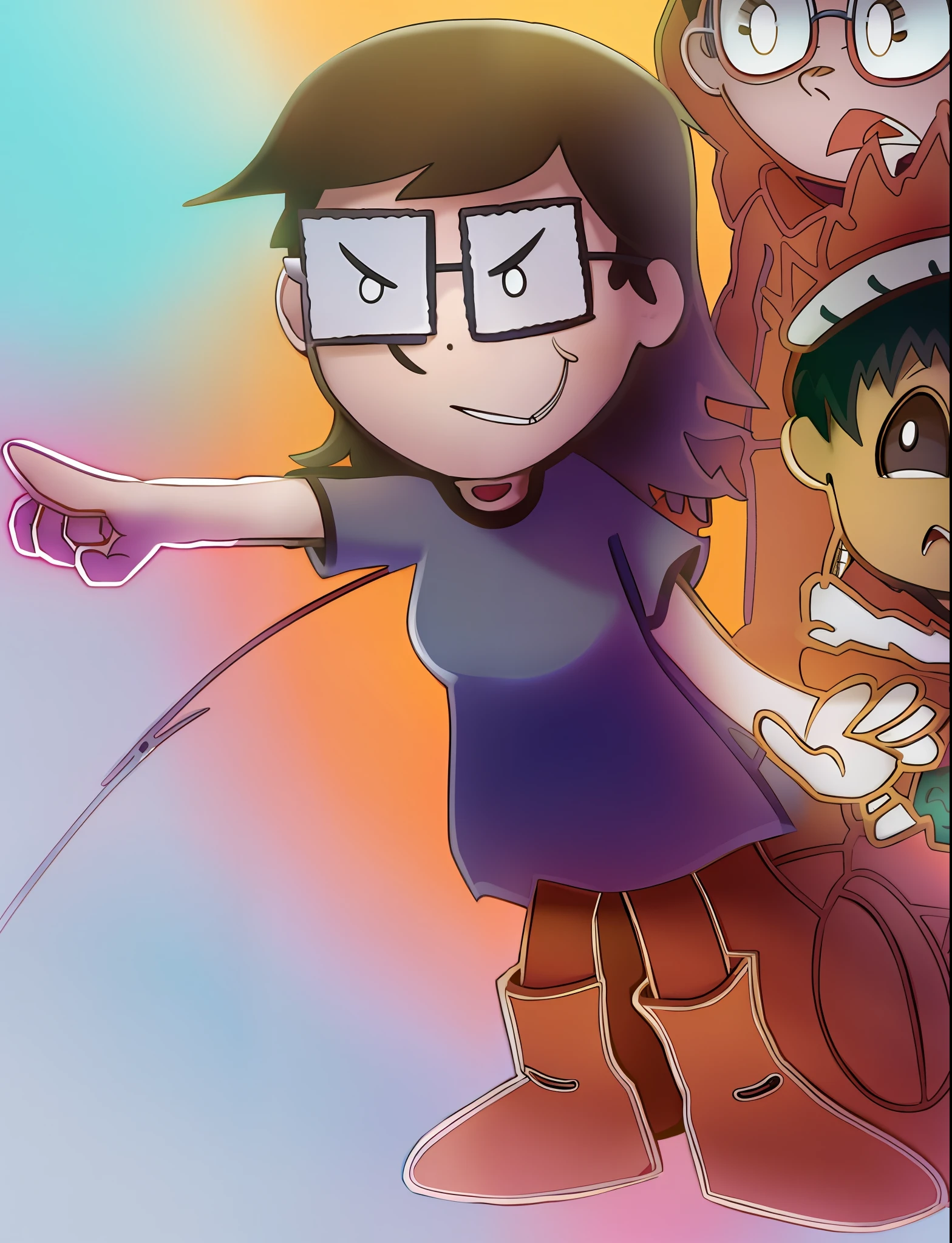 cartoon of a group of people with one pointing at the other, tina belcher, tina belcher as a real person, sarah andersen, akira toriyama style, cel shaded!!!, in cartoon style, cel - shaded art style, rebecca sugar, inspired by Akira Toriyama, cel shaded:15, inspired by Awataguchi Takamitsu
