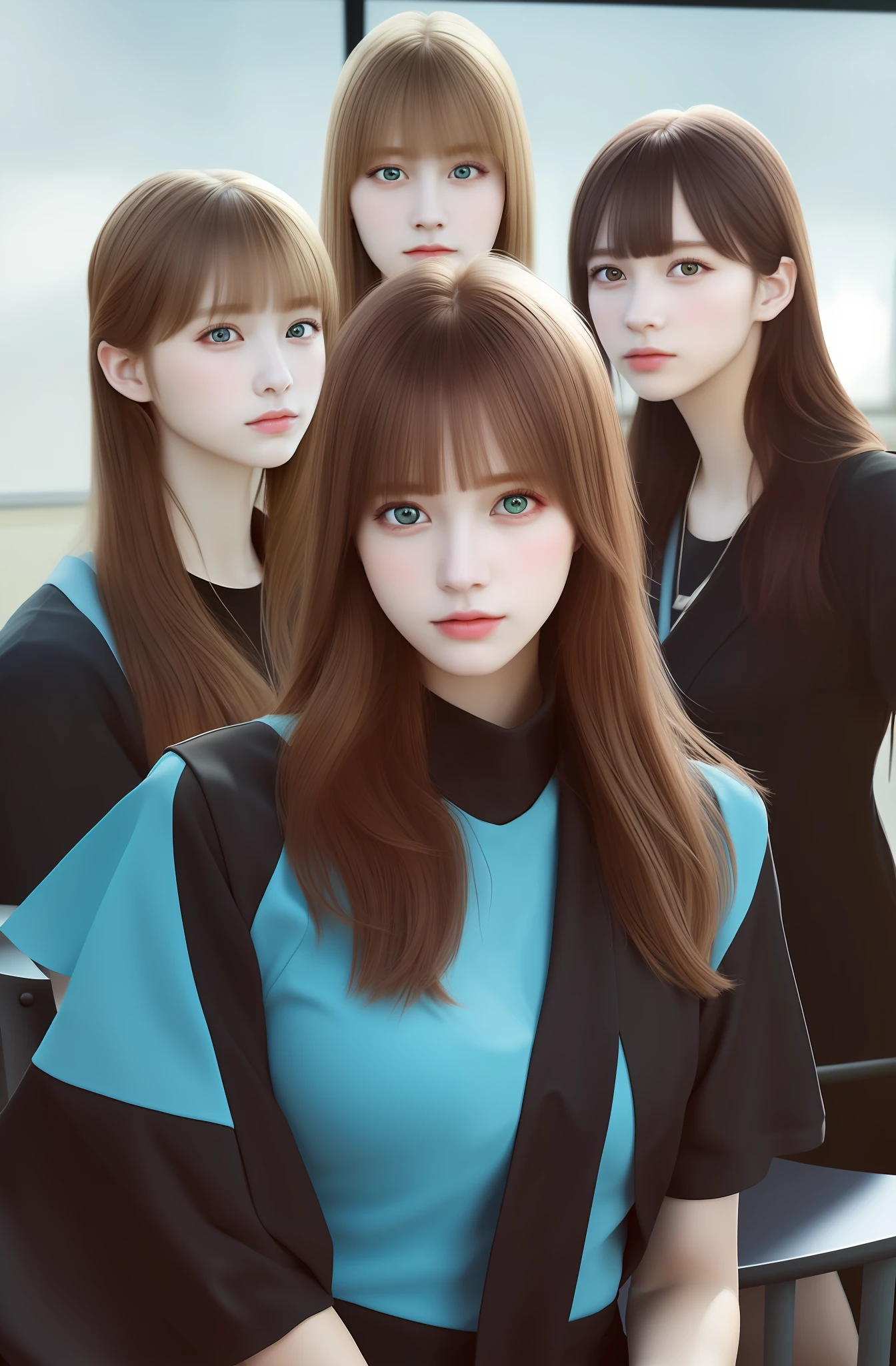 masterpiece, top quality, (realistic, photorealistic: 1.4), very elaborate CG Unity 8K wallpaper, very delicate and beautiful, wonderful, very fine, very fine, beautiful eyes and face, beautiful elaborate eyes, four girls, light on face, long hair, sleeveless shirt, bangs, school, classroom,