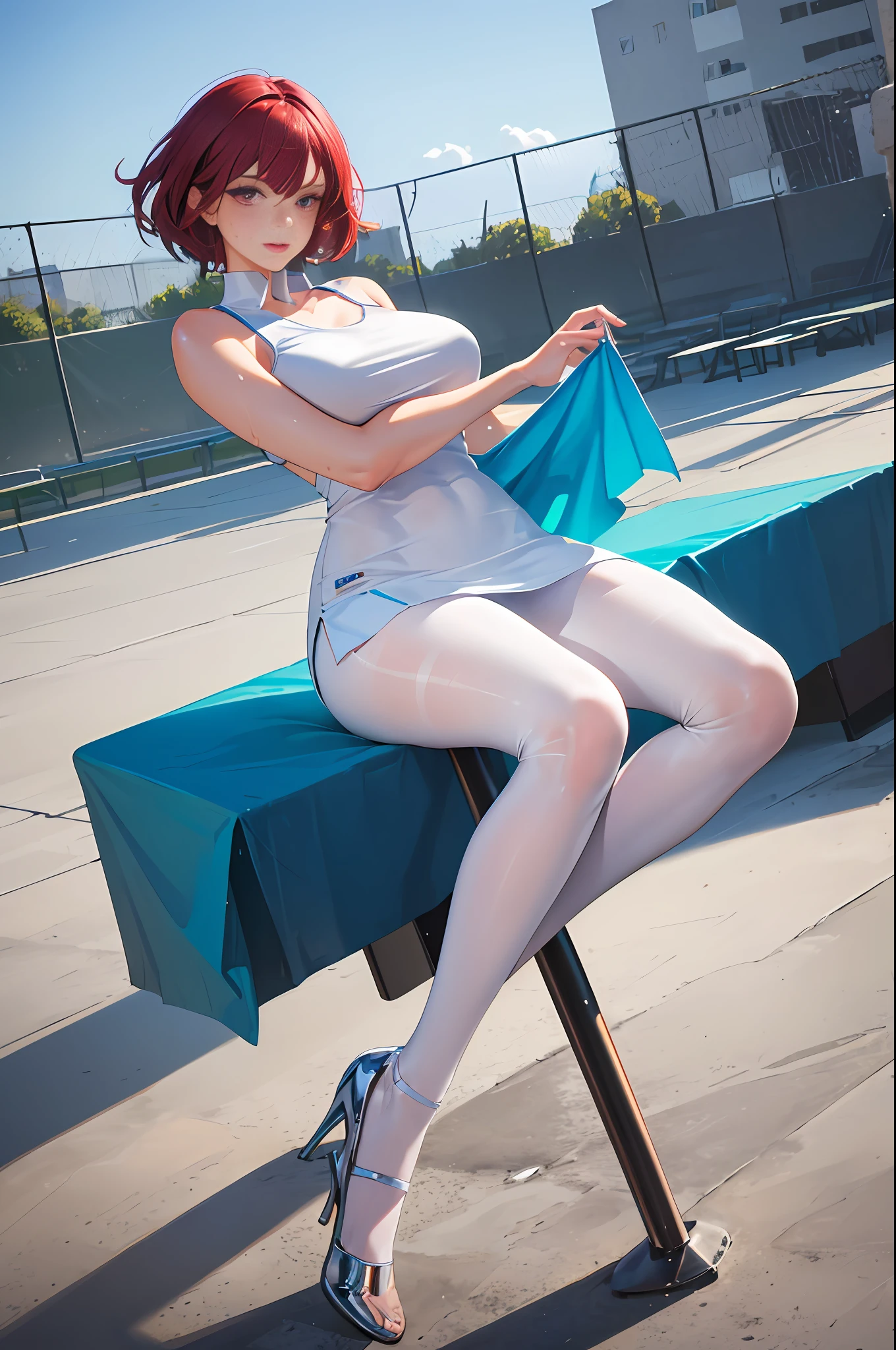 1girl, solo, full body portrait, white camisole vest, high heels, tennis wear, gray pantyhose, masterpiece, best quality, realistic, super detailed, (shiny skin, sweating: 1.4), looking at the audience, light blue short hair, red eyes, slender, dynamic light and shadow, high resolution, sharp focus, depth of field, fine eyes, sharp pupils, realistic pupils, (big breast: 1.2), (thigh white: 2.0), outdoor, sky