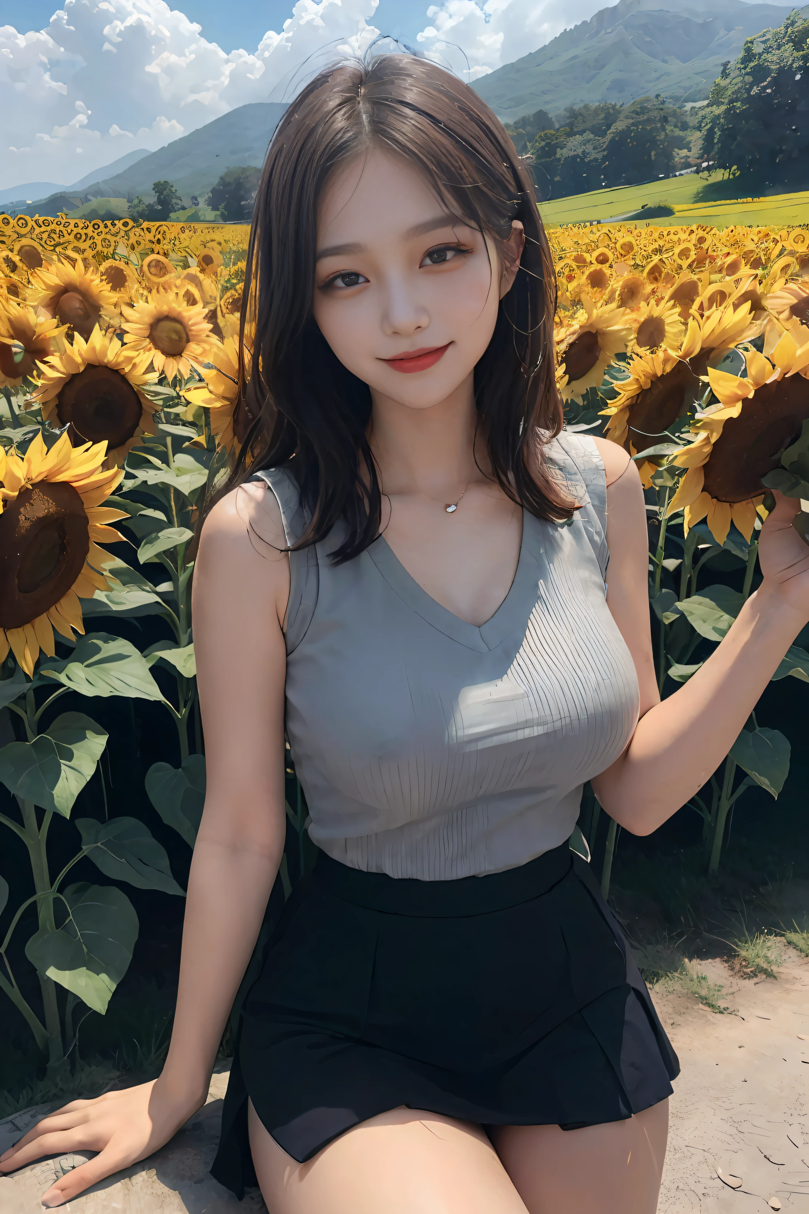 15 years old cute korean, big round breasts, short vest, skirt, beautiful eye details, eyelashes, beautiful double eyelids, eye shadow, drooping eyes, cut off eyes, fine thighs, beautiful thin legs, perfect eye makeup, ((seductive smile, squeaky look, evil expression)), sunflowers, sea of flowers, background is a field of flowers, flowers in hand, good fingers, brown hair, outdoors, aqua eyes