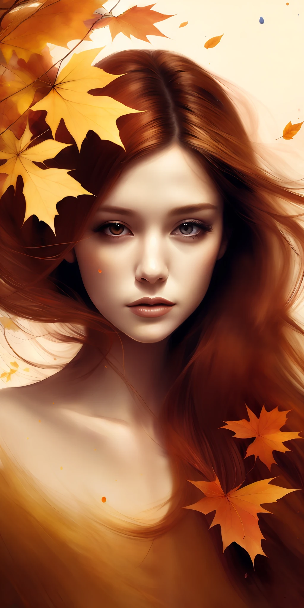 A painting by MSE A beautiful woman, girl the most beautiful, brown hair moved by the wind, autumn leaves in the wind, by Agnes Cecile, luminous design, pastel colors, ink drops, autumn lights