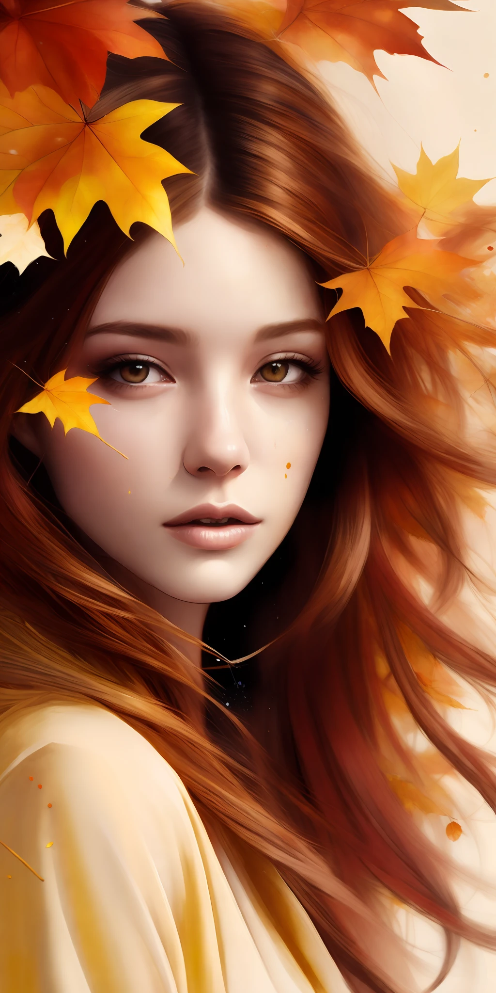 A painting by MSE A beautiful woman, girl the most beautiful, brown hair moved by the wind, autumn leaves in the wind, by Agnes Cecile, luminous design, pastel colors, ink drops, autumn lights