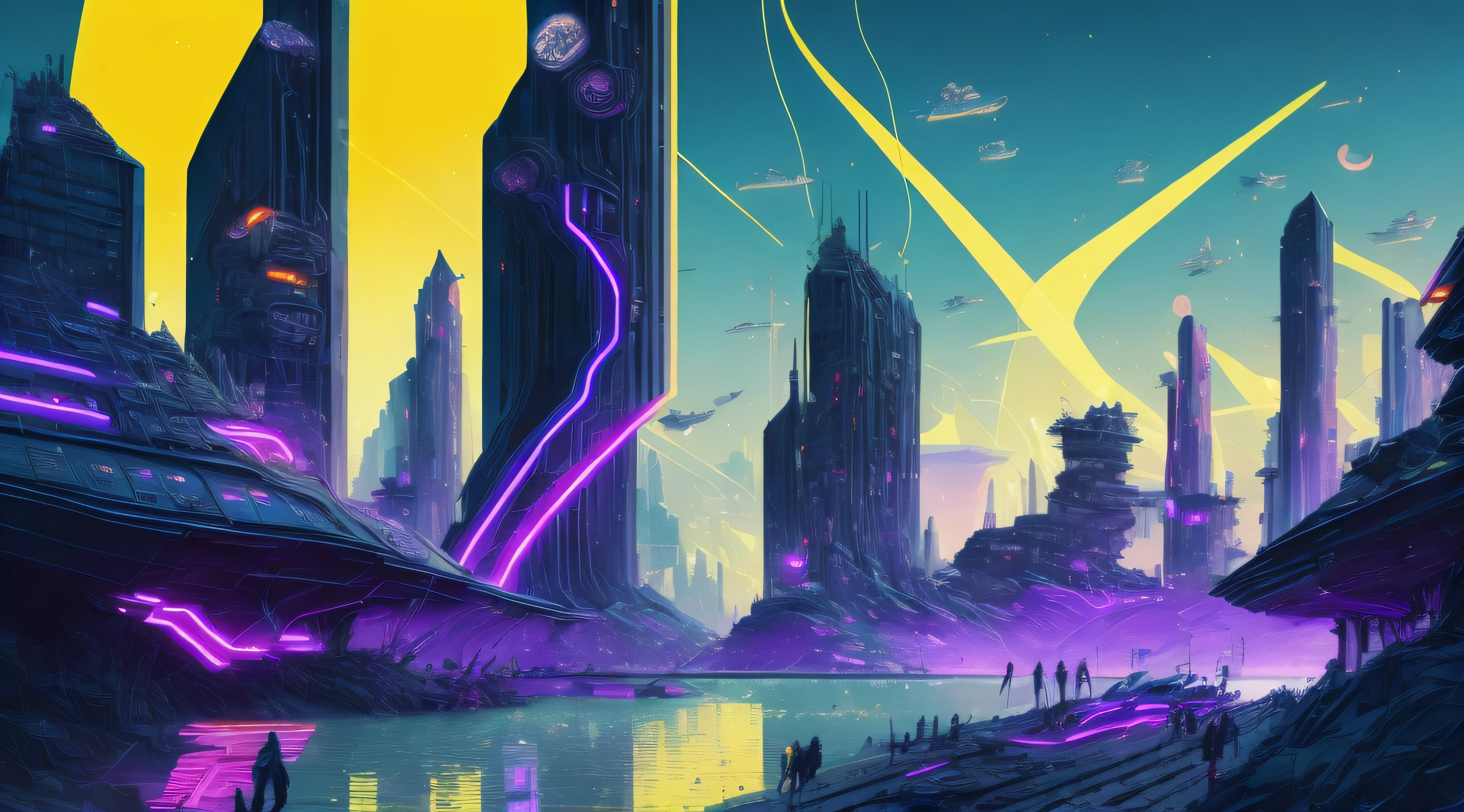 an illustration of a futuristic city with neon lights and a river running through it by Kilian Eng