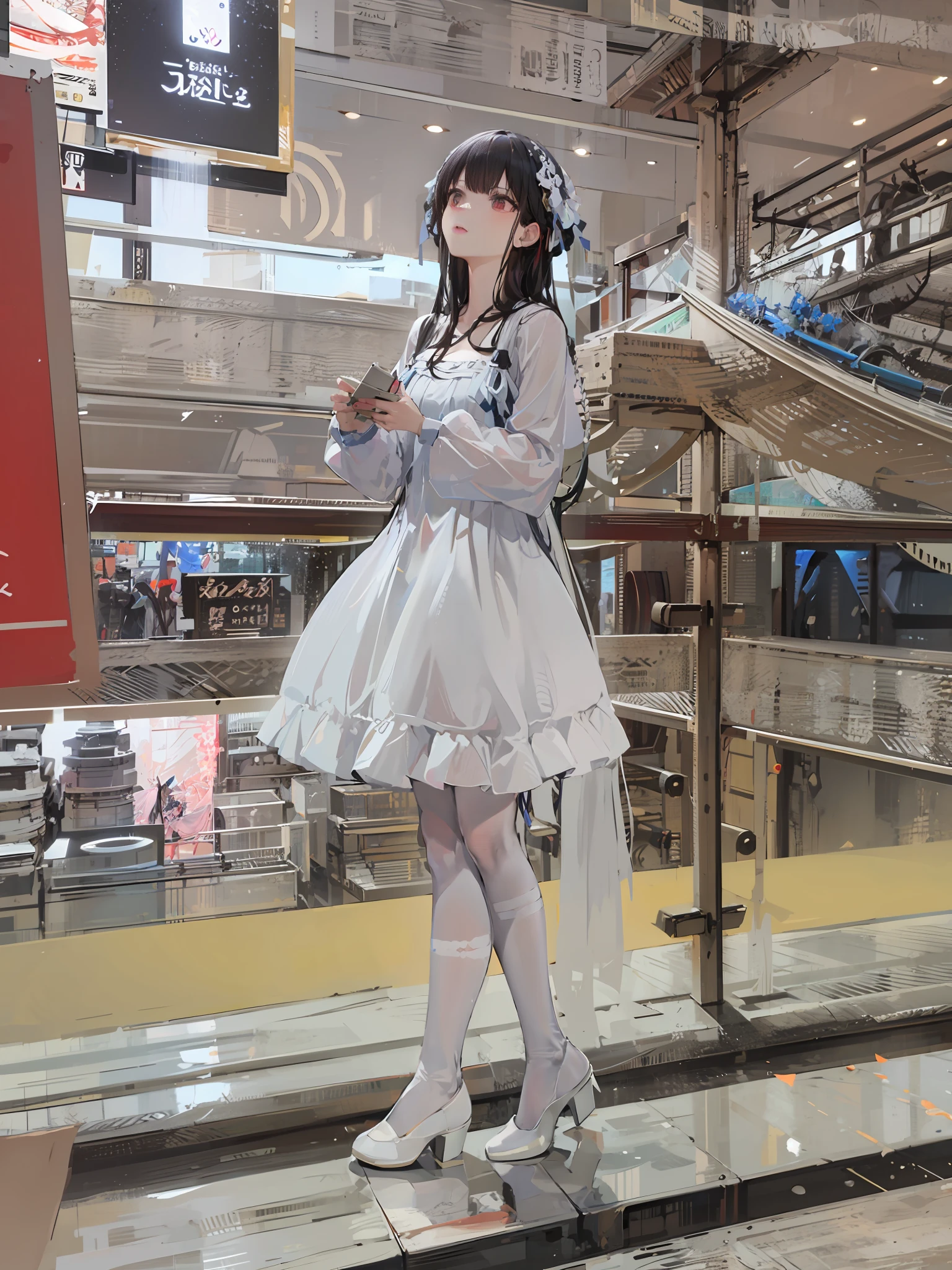 there is a woman in a white dress standing on a stair, wearing a cute white dress, full body cute young lady, wearing heels and white dress, dressed in a beautiful white, wearing a white flowing dress, wearing white dress, nico wearing a white dress, white puffy outfit, angels in white gauze dresses, style of magical girl, wearing along white dress