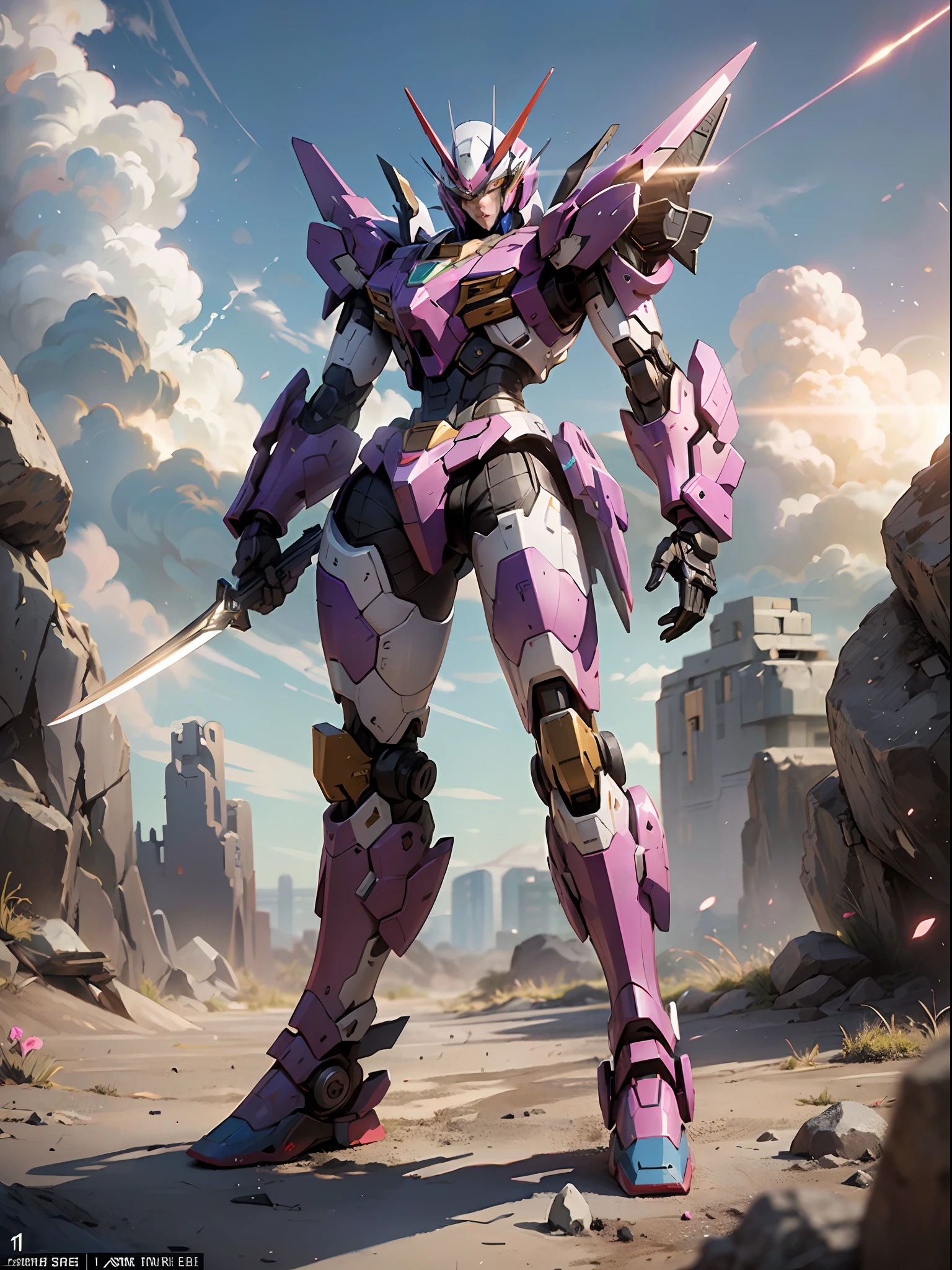 ((Best Quality)), ((Masterpiece), (Very detailed: 1.3), 8K, cool painting, full of sci-fi atmosphere, holding a super long knife fuchsia purple assassin mecha, standing in the desert staring at the camera, streamlined fuchsia armor, full body purple red, complex weapons and equipment, Gundam humanoid mecha, anime mecha aesthetics, perfect body proportions, heads-up perspective, standing posture, military giant mecha, missiles, rocks, futuristic technology, realism, dark clouds in the sky, dark war background, Ray Tracing, Light Particle, NVIDIA Trtx, Super Resolution, Unreal 5, Subsurface Scattering, Specular and Albedo Mapping, Rule of Thirds, Large Aperture, Battle Stance, 8K Raw Data, High Efficiency Subpixels, Subpixel Convolution, Light Particle, Light Scattering, Tyndall Effect, Ray Tracing.
