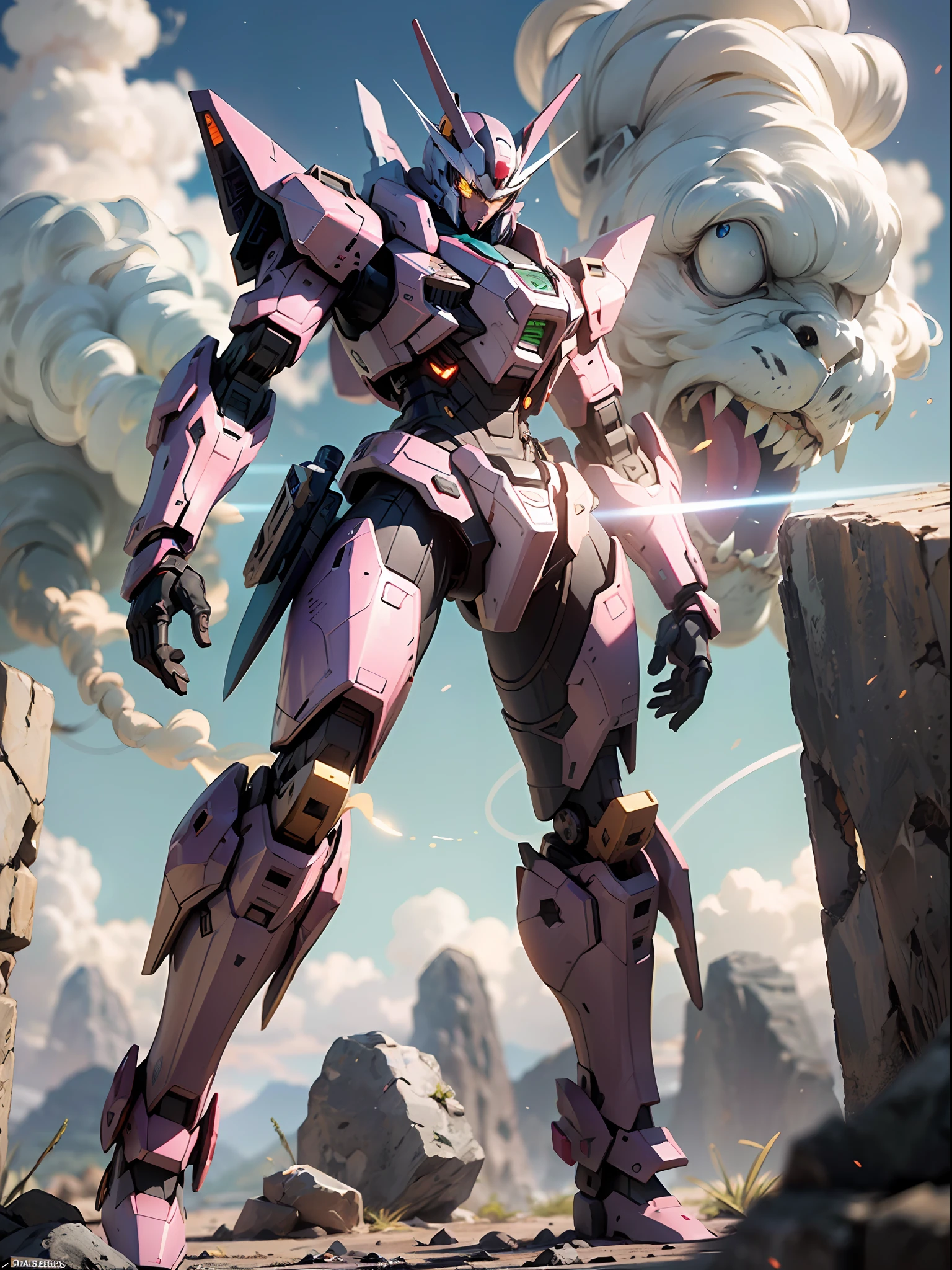 ((Best Quality)), ((Masterpiece), (Very detailed: 1.3), 8K, cool painting, full of sci-fi atmosphere, holding a super long knife fuchsia purple assassin mecha, standing in the desert staring at the camera, streamlined fuchsia armor, full body purple red, complex weapons and equipment, Gundam humanoid mecha, anime mecha aesthetics, perfect body proportions, heads-up perspective, standing posture, military giant mecha, missiles, rocks, futuristic technology, realism, dark clouds in the sky, dark war background, Ray Tracing, Light Particle, NVIDIA Trtx, Super Resolution, Unreal 5, Subsurface Scattering, Specular and Albedo Mapping, Rule of Thirds, Large Aperture, Battle Stance, 8K Raw Data, High Efficiency Subpixels, Subpixel Convolution, Light Particle, Light Scattering, Tyndall Effect, Ray Tracing.