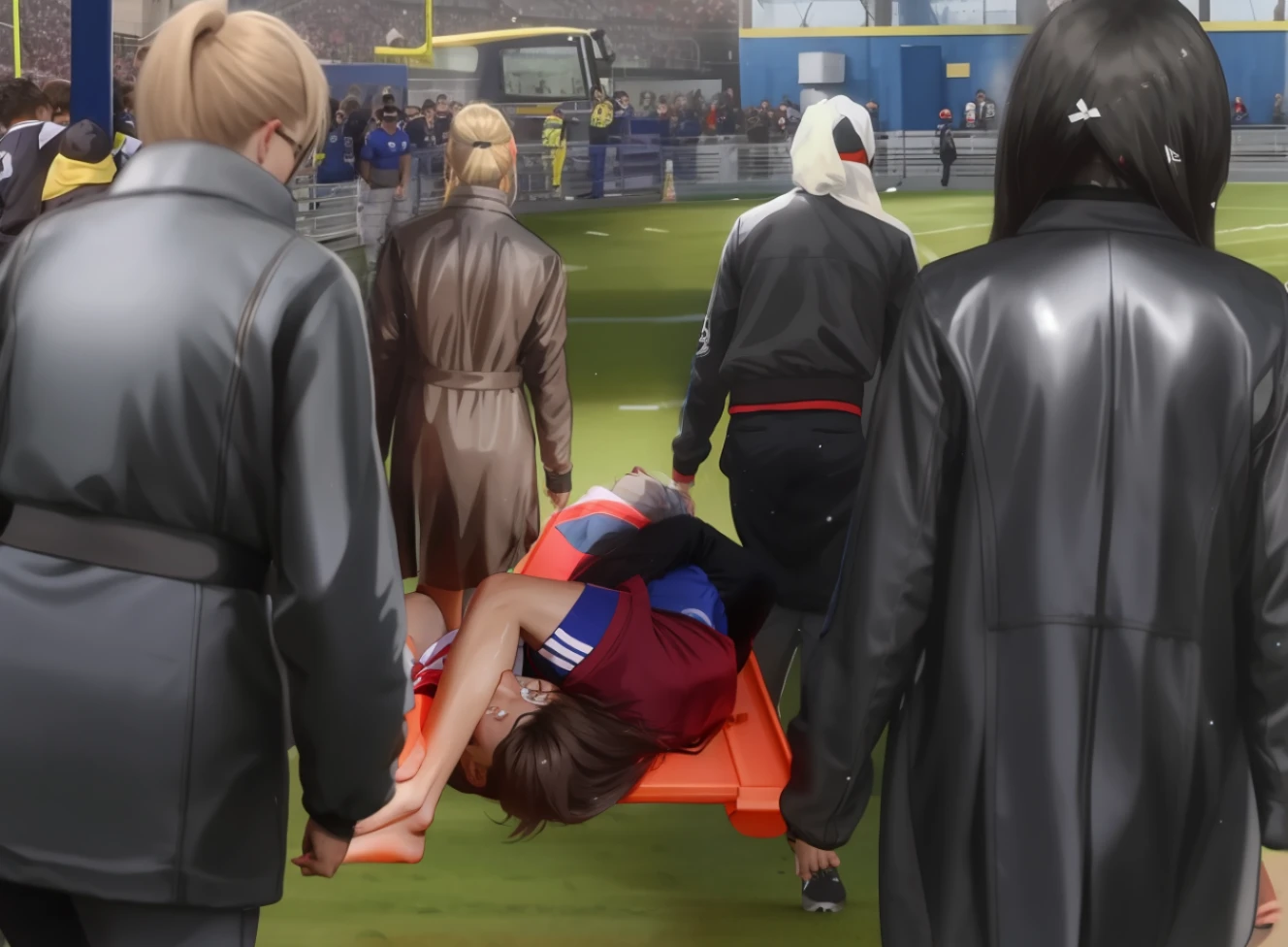 there are four women in shiny jackets that are carrying a stretcher, there is a male footballer lying on the stretcher that is carried by the woman, the footballer is injured and in severe pain, the footballer that is lying on the stretcher has put an arm over his face, the injured footballer on the stretcher has covered his face with his arm, the injured footballer on the stretcher is wearing matte cotton sportswear, all the women that are carrying the stretcher have long hair, the women that are carrying the stretcher have a very female expression, dramatic action pose, intense pity attitude, dramatic help scene, painful scene