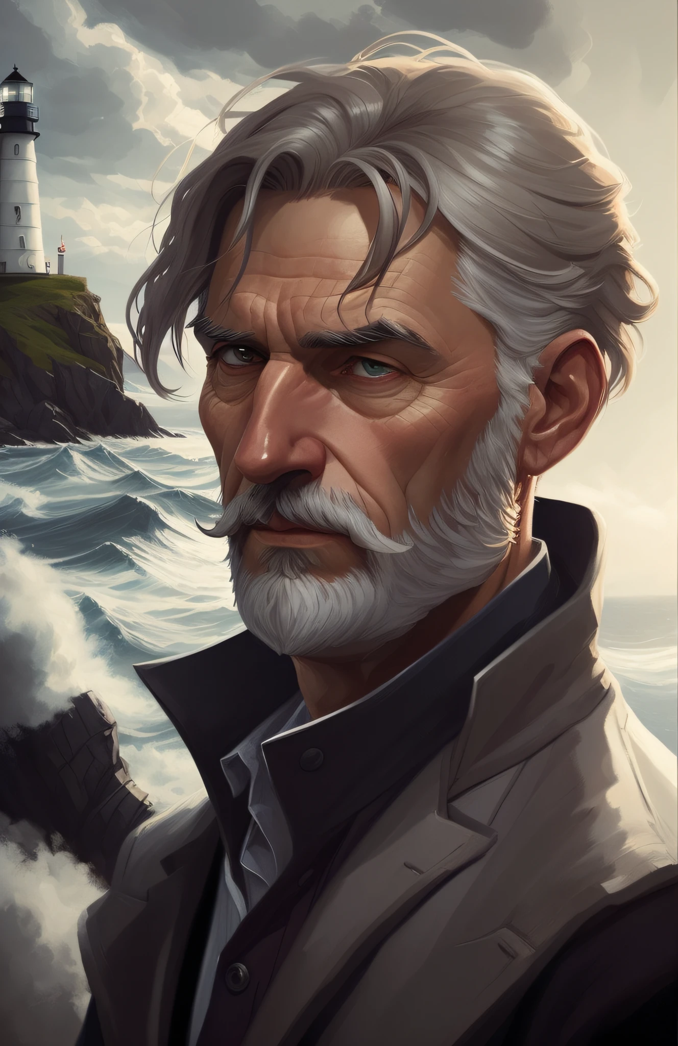 painting of a man with a beard and a white beard standing in front of a lighthouse, detailed character portrait, epic portrait illustration, character art portrait, closeup character portrait, very detailed digital painting, character portrait closeup, by Daniel Ljunggren, old man portrait, stefan koidl inspired, stunning digital illustration, moebius + loish + wlop, character portrait art