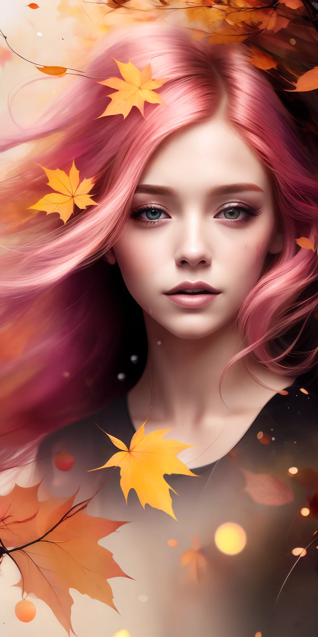 A picture of MSE a beautiful woman,the most beautiful girl by Agnes Cecile, cheerful expression, beautiful pink hair moved by the wind, autumn leaves in the air,luminous design, pastel colors, ink drops, autumn lights,