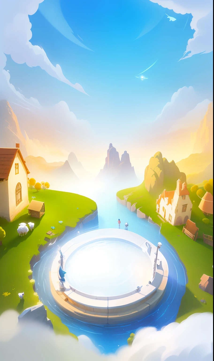 cartoon illustration of a hot tub in a field with sheep, mobile game background, fairy tale style background, game background, background artwork, fantasy matte painting,cute, background art, 2 d game art background, stylized game art, 4 k hd wallpaper illustration, whimsical fantasy landscape art, 3 d stylize scene, 8 k cartoon illustration, stylized concept art