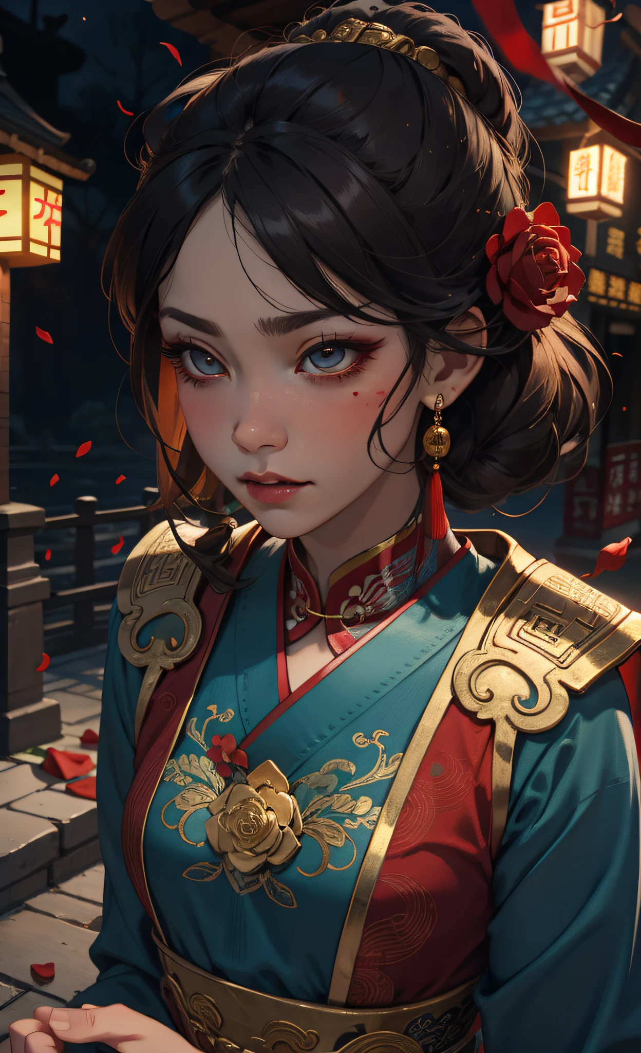 Best Quality, Masterpiece, Ultra Detail, Extreme Detail, 8k Wallpaper, Realistic Details, Movie Lighting, Dynamic Angle, World Mastery Theater, Best Quality, Extremely Delicate Beautiful Girl, Perfect Face, Delicate Facial Features, Perfect Hands, Delicate Eyelashes, Delicate Eyes, Ancient Chinese Hairstyle, Peking Opera, Horror, Spooky Atmosphere, Darkness, Red Lantern, Spirit Rune, Golden Ratio, Messy, Bust, Melancholy Expression, Small Laugh, Red Tears, Rose Petals, Red Candles, Side Look