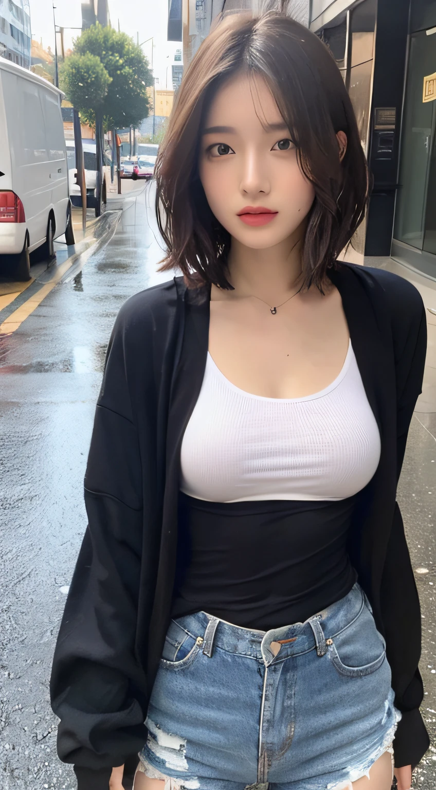 ((Best Quality, 8k, Masterpiece: 1.3)), Focus: 1.2, Perfect Body Beauty: 1.4, Slim Abs: 1.2, ((Layered Haircut, Big Breasts: 1.2)), (Wet Clothes: 1.1) , (Rain, Street:1.3), Wet Body: 1.1, Highly detailed face and skin texture, Detailed eyes, Double eyelids, Double clothes, Short clothes