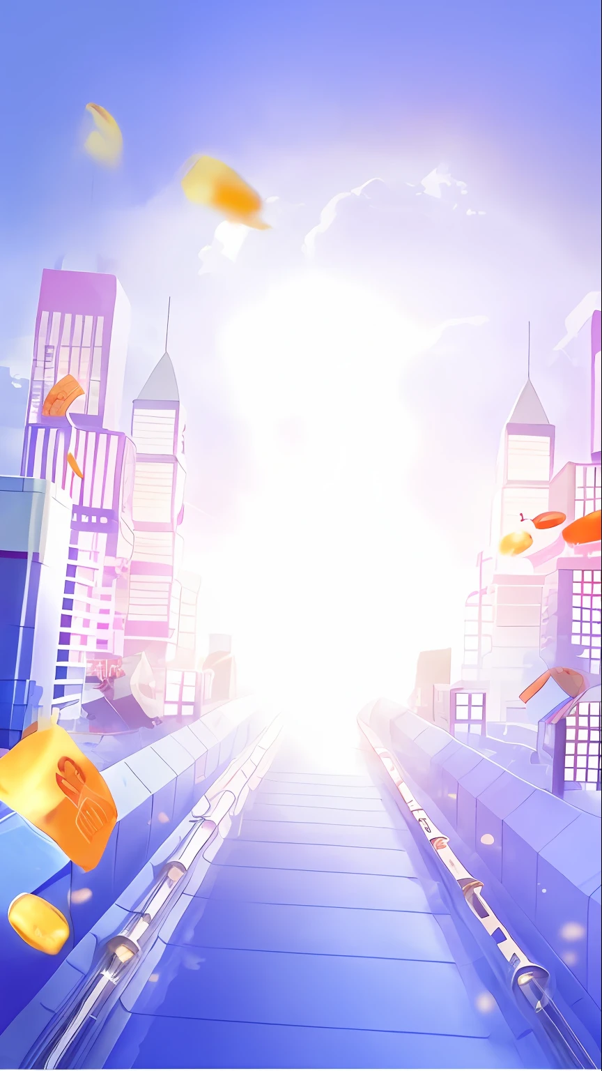 anime style scene of a city with a train and a lot of gold coins, futuristic city backdrop, surreal cityscape background, futuristic city backgrond, city backdrop, day cityscape, city background, city in backround, cybernetic city background, futuristic city background, anime style cityscape, burning city background, optimistic matte painting, city on fire background, vaporwave city
