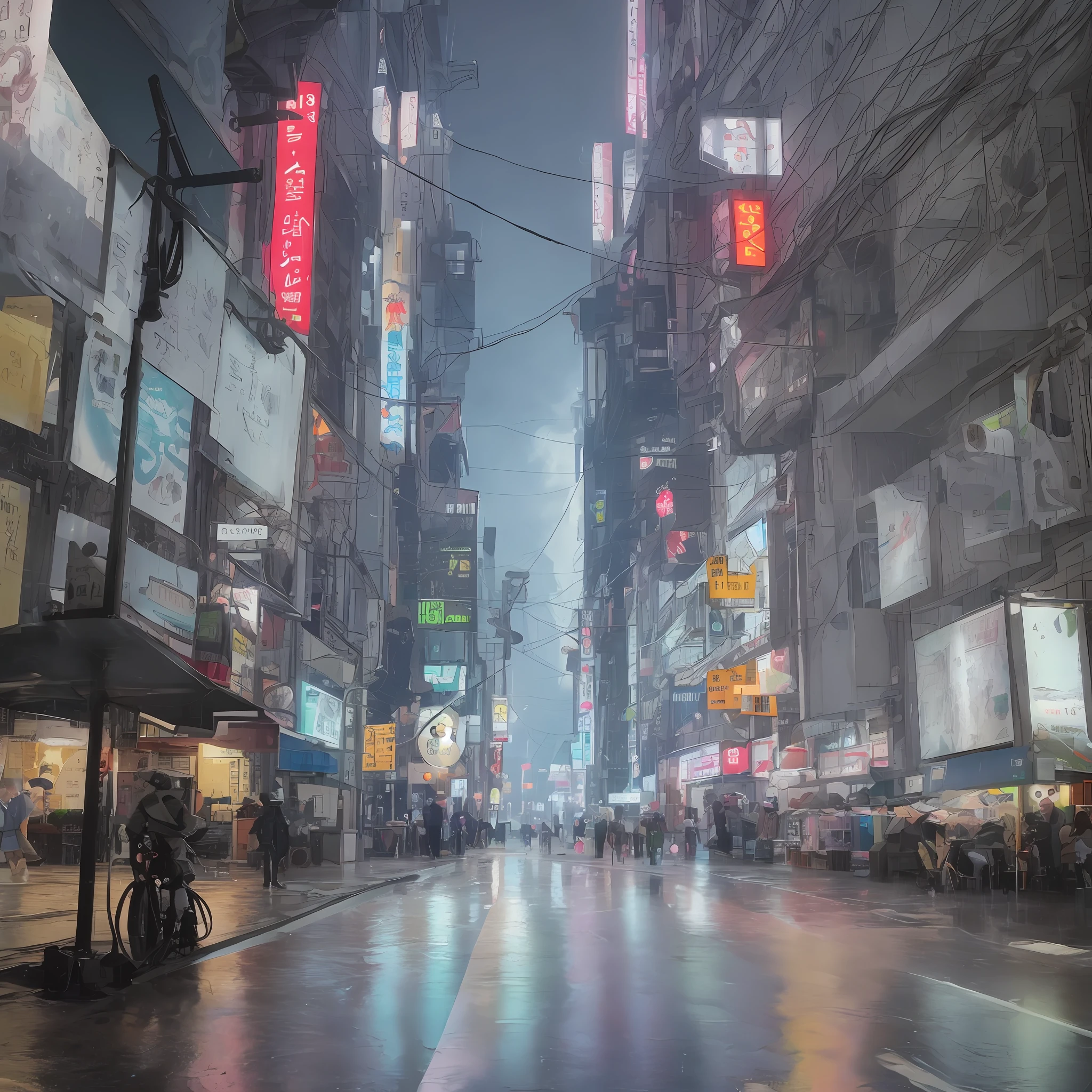 Rain in Seoul, cyberpunk city of science fiction movie, empty street, korean, korean signs, intricate, hyper-detailed, realistic, ultra-realistic, high quality, ultra detail, crazy detail, photographic realism, 8k,