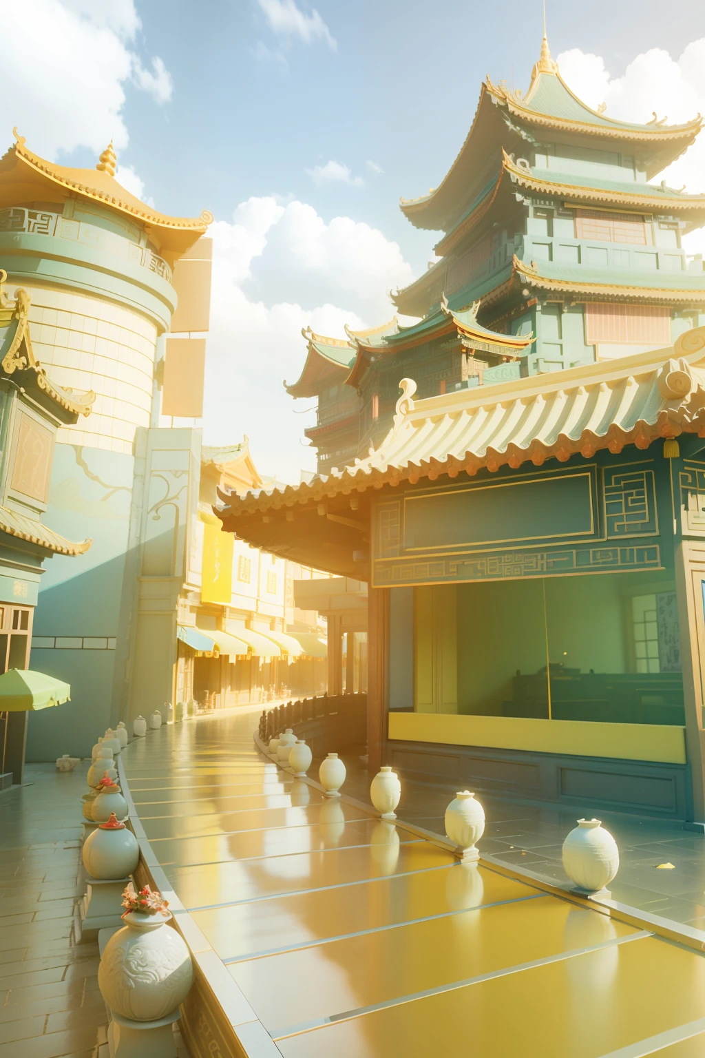 there is a long table with a lot of food on it, dreamy chinese town, 3 d stylize scene, beautiful render of tang dynasty, 3 d render stylized, in style of 3d render, city street view background, stylized 3d render, chinese palace, rendered in cinema4d, rendered in cinema 4 d, background depicting a temple --auto