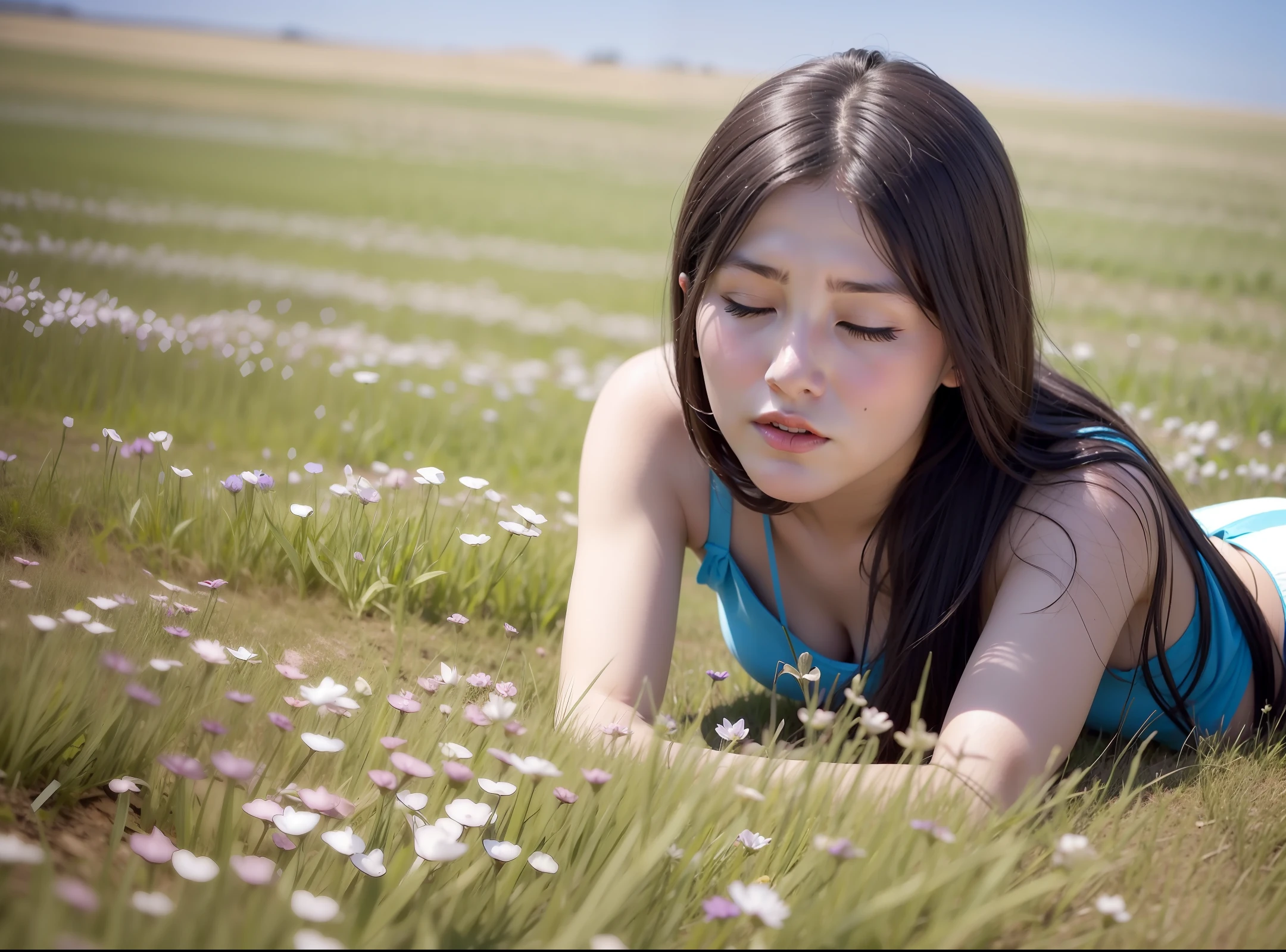 Look under the sky, a beautiful woman lies on the prairie, she has long dark hair. Enjoy the aroma of the steppe with your eyes closed