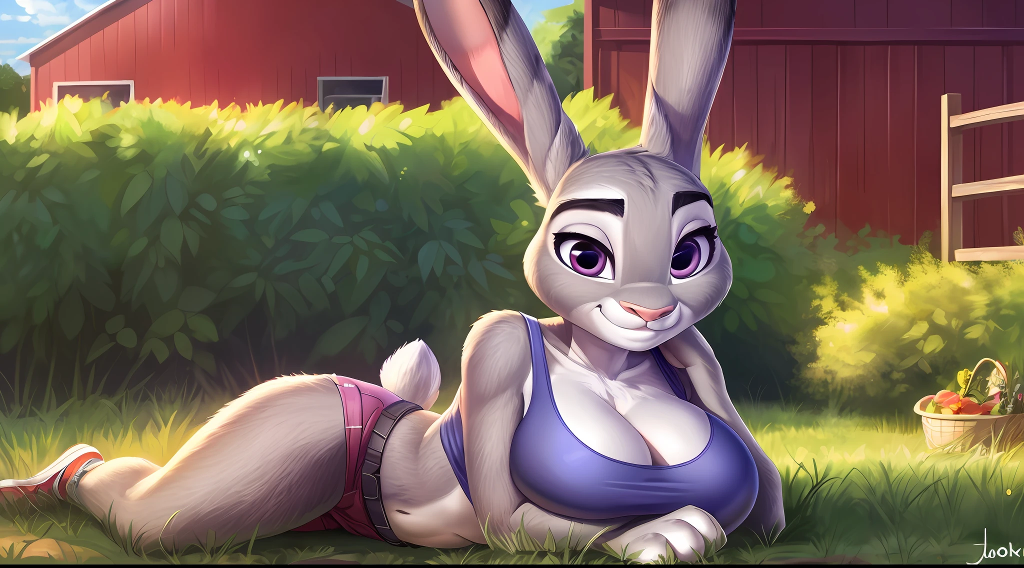 Anthro, nsfw ((wearing small tank top)), white fur, hi res, high resolution, (((judy hopps))), solo, female, (wearing shorts), cleavage, detailed face, sexy pose, e621, detailed hands, detailed eyes, farm background, big breasts, (nipple outline), smile, full body, whole body, ((full body portrait)), far away, (((full body concept))), huge breasts, raw photo, wallpaper, 4k, 8k, masterpiece, art
