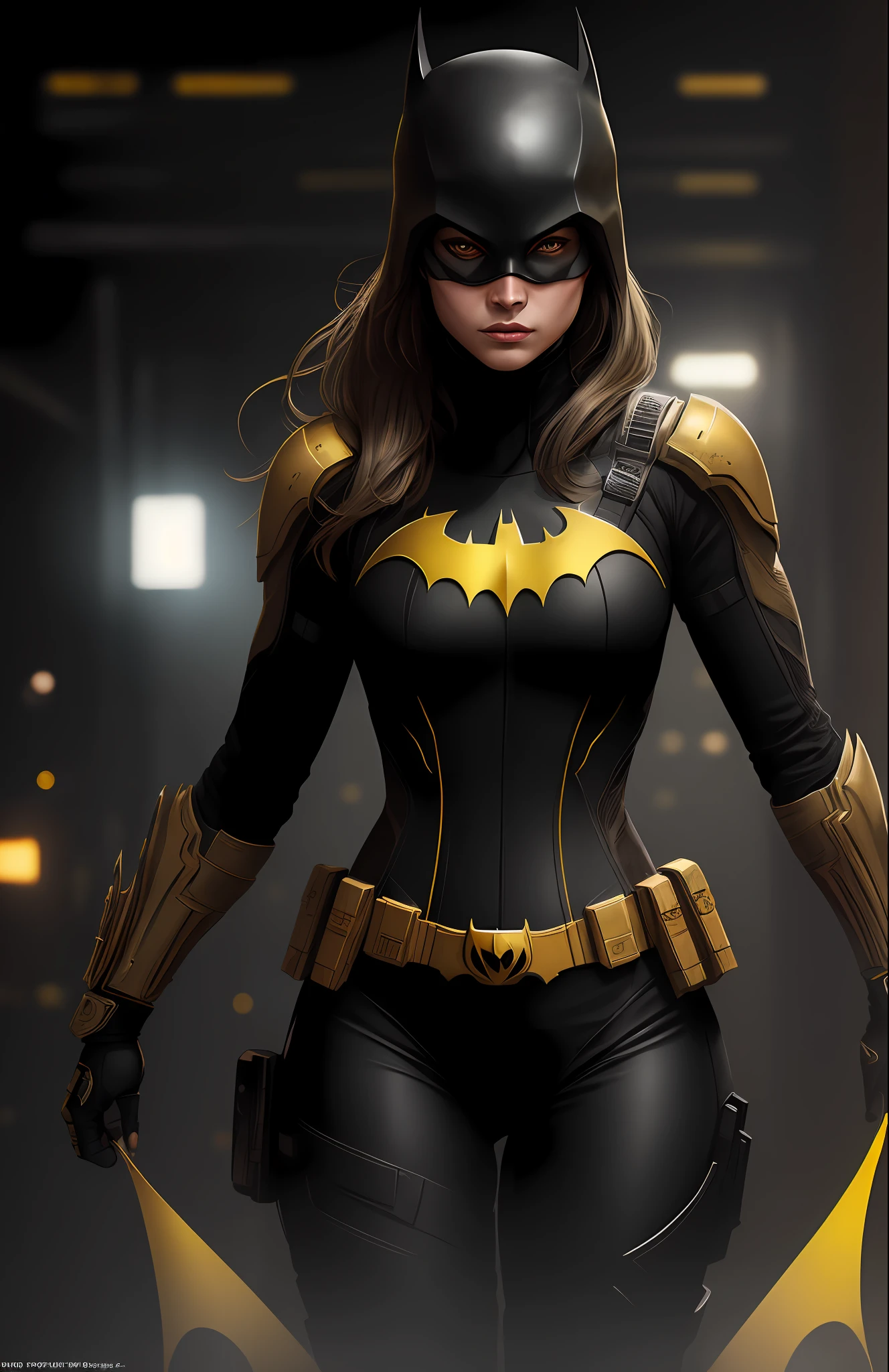(dark shot: 1.1), epic realistic, Gold Batgirl from DC, yellow gradient, black, brown and magenta color scheme, grunge aesthetics!!! graffiti tag wall background, art by Greg Rutkowski and artgerm, soft cinematic light, Adobe Lightroom, darkroom, HDR, intricate, highly detailed, (depth of field: 1.4), faded, (neutral colors: 1.2), (hdr: 1.4), (muted colors: 1.2), hyper-detail (artstation: 1.4), cinematic, warm light, dramatic light (complex details: 1.1)