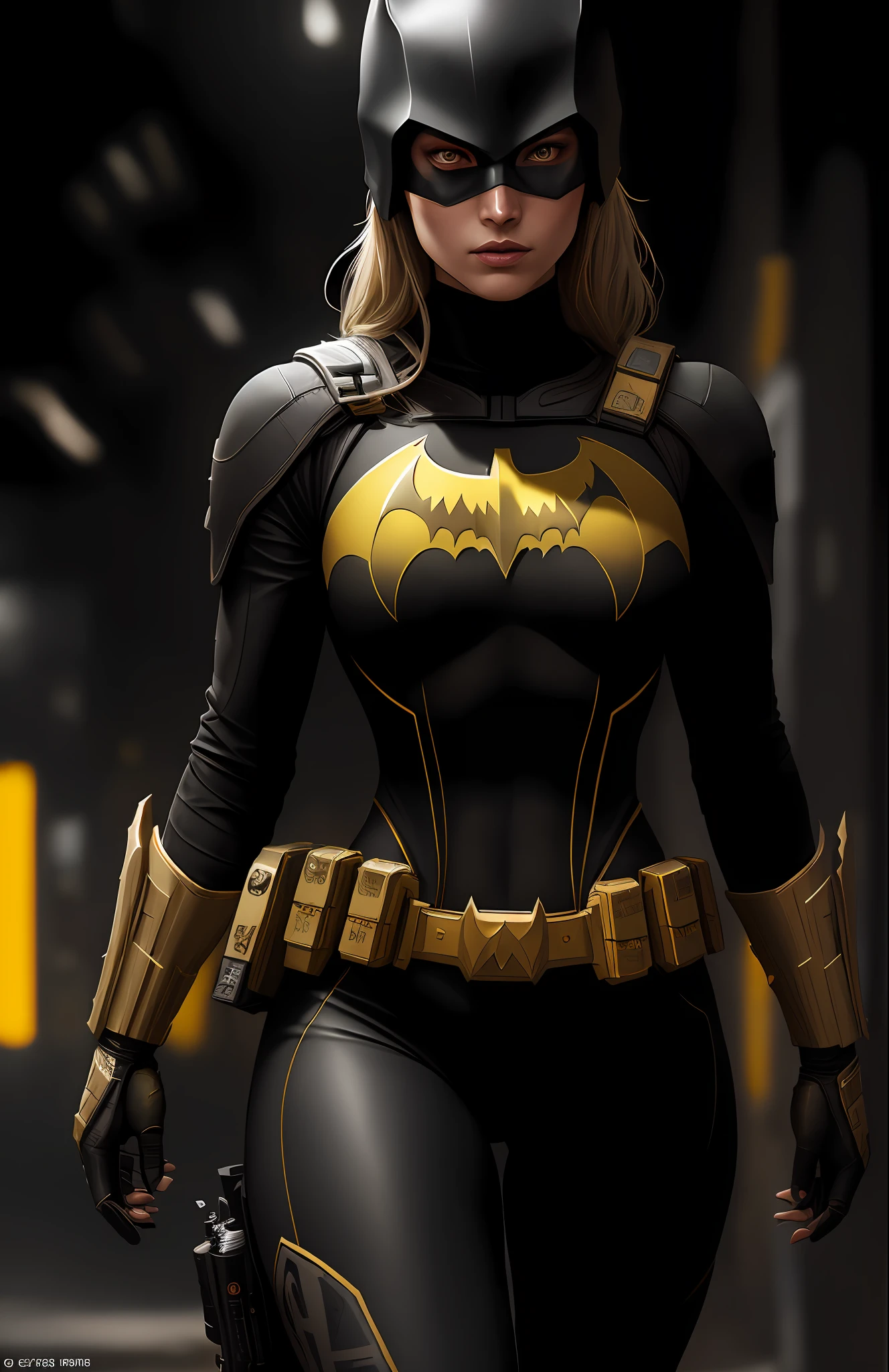 (dark shot: 1.1), epic realistic, Gold Batgirl from DC, yellow gradient, black, brown and magenta color scheme, grunge aesthetics!!! graffiti tag wall background, art by Greg Rutkowski and artgerm, soft cinematic light, Adobe Lightroom, darkroom, HDR, intricate, highly detailed, (depth of field: 1.4), faded, (neutral colors: 1.2), (hdr: 1.4), (muted colors: 1.2), hyper-detail (artstation: 1.4), cinematic, warm light, dramatic light (complex details: 1.1)