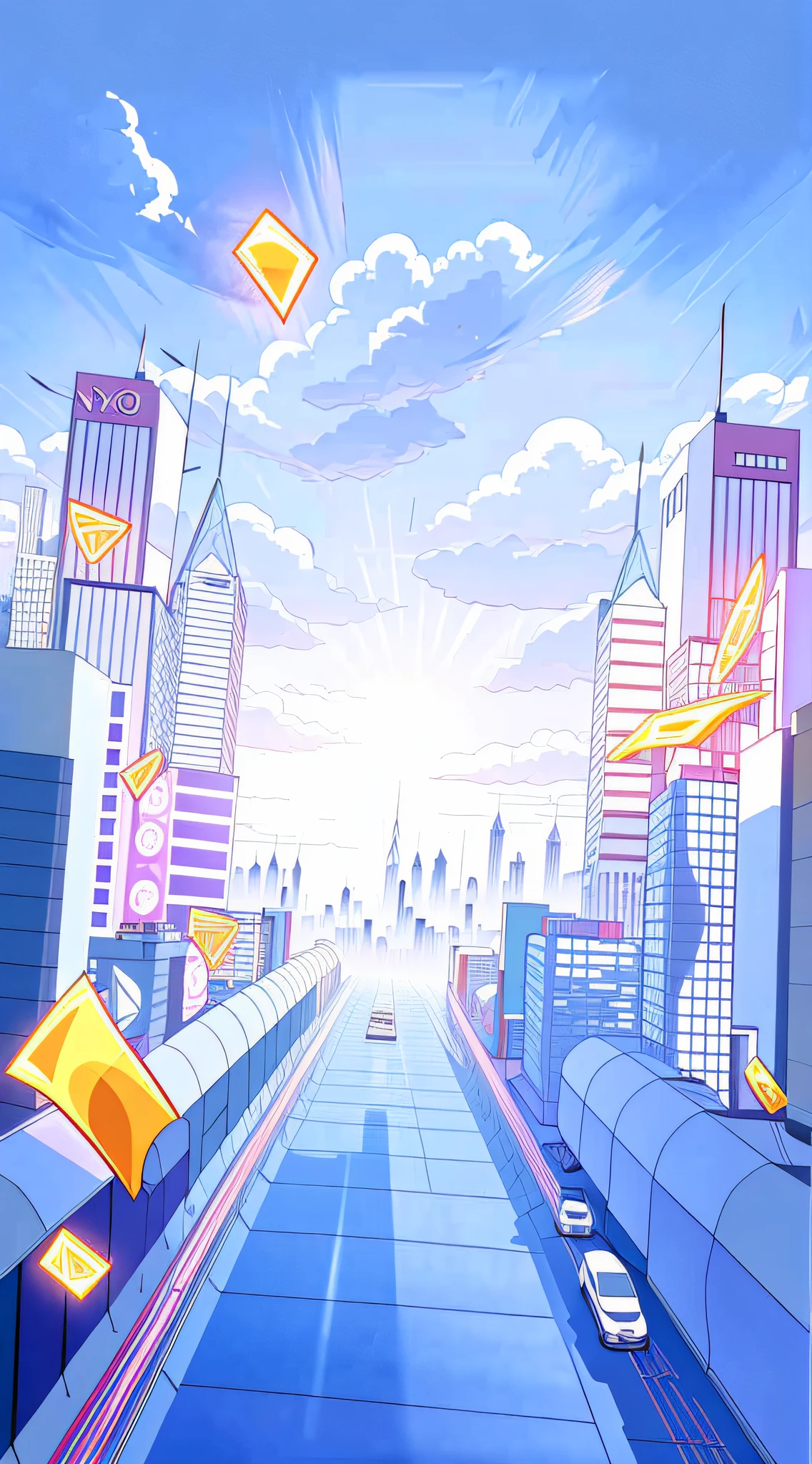 skyscraper, surreal cityscape background, futuristic city background, upbeat matte painting, futuristic city background, daytime cityscape, anime style cityscape, commercial illustration, epic illustration, futuristic cityscape, futuristic street, background blue sky and white clouds --auto