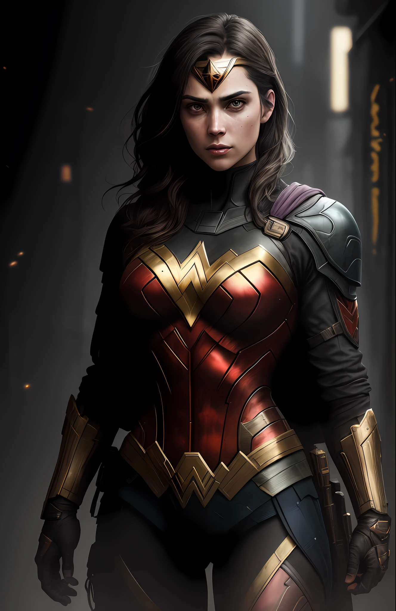 (Dark Shot: 1.1), Epic Realistic, Wonder Woman from DC, Gradient Yellow, Black, Brown & Magenta, Grunge Aesthetic!!! graffiti tag wall background, art by Greg Rutkowski and artgerm, soft cinematic light, Adobe Lightroom, darkroom, HDR, intricate, highly detailed, (depth of field: 1.4), faded, (neutral colors: 1.2), (hdr: 1.4), (muted colors: 1.2), hyper-detail (artstation: 1.4), cinematic, warm light, dramatic light (complex details: 1.1)