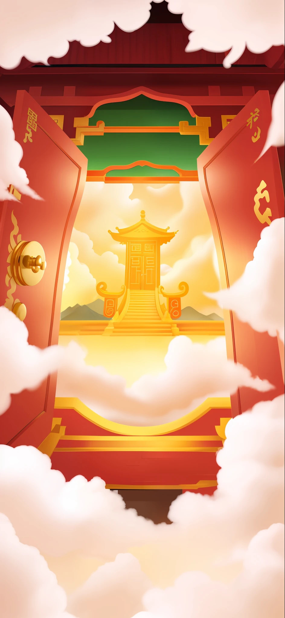 The red gate opened in the Chinese style, there are many auspicious clouds in front of the door, and the ground inside the door is full of auspicious clouds, and there are golden steps