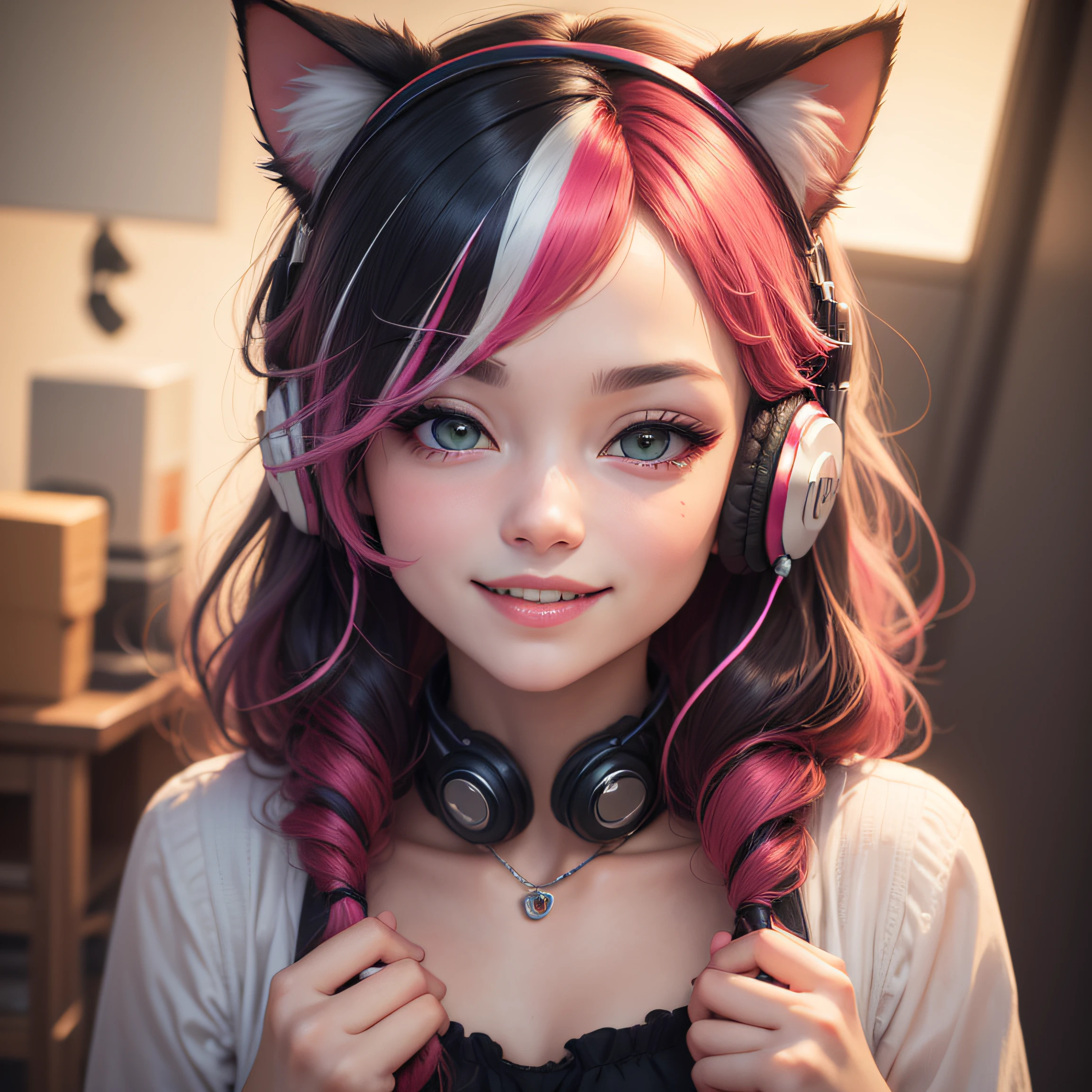 hair bobbles, wince, longeyelashes, solid circle eyes, fake animal ears, light smile, ear blush, fang, streaked hair, multicolored hair, heart-shaped pupils, cat ear headphones, full blush, Surrealism, drop shadow, anaglyph, stereogram, tachi-e, pov, atmospheric perspective, 8k, super detail, ccurate, best quality --auto
