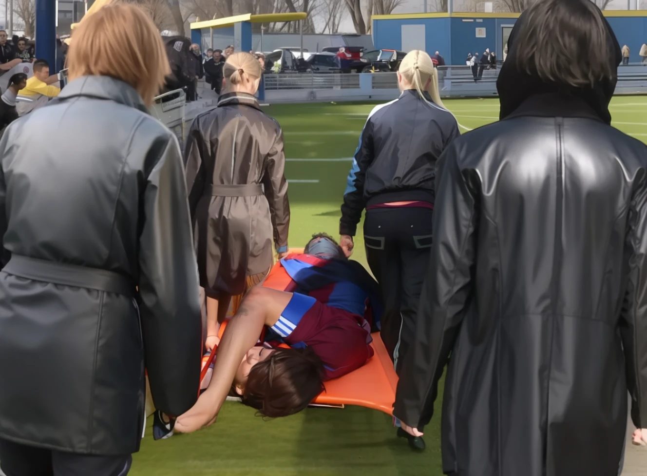 there are four women in shiny jackets that are carrying a stretcher, there is a male footballer lying on the stretcher that is carried by the woman, the footballer is injured and in severe pain, the footballer that is lying on the stretcher has put an arm over his face, the injured footballer on the stretcher has covered his face with his arm, the injured footballer on the stretcher is wearing matte cotton sportswear, all the women that are carrying the stretcher have long hair, the women that are carrying the stretcher have a very female expression, dramatic action pose, intense pity attitude, dramatic help scene, painful scene
