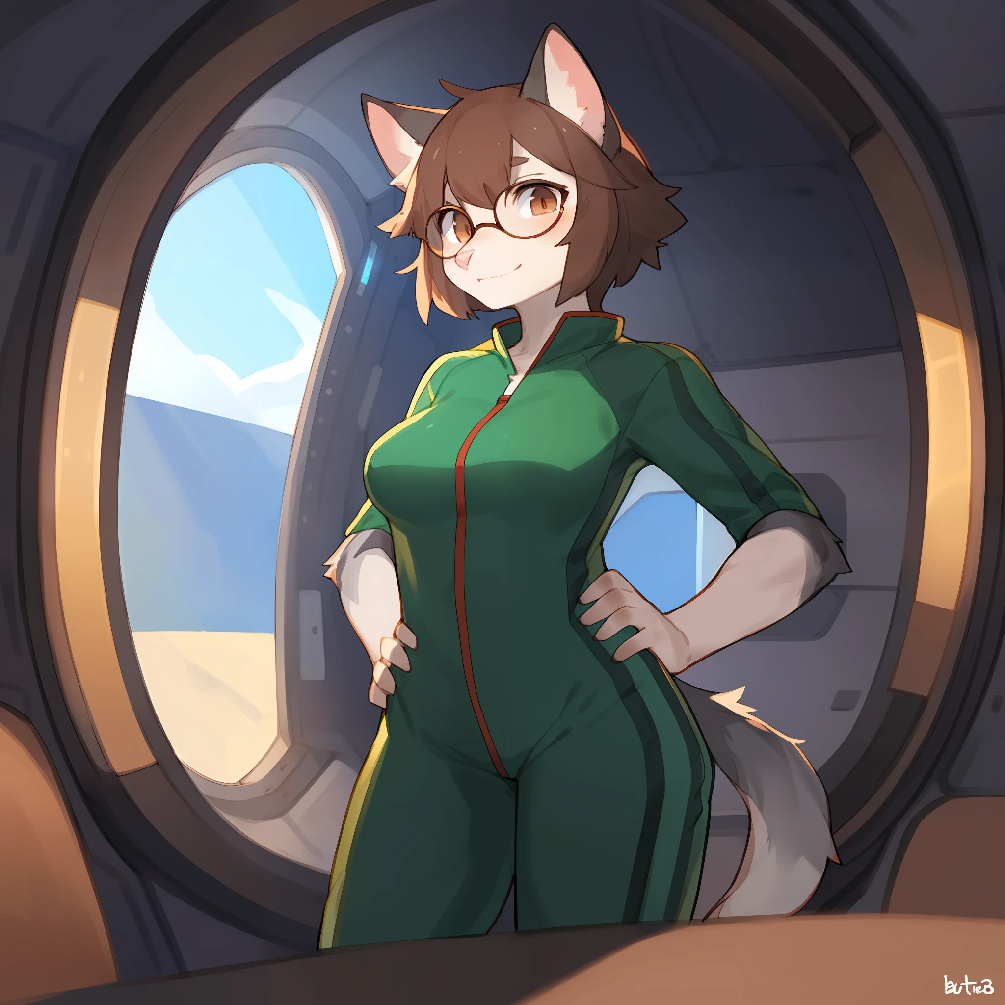Solo, female, feline, cat, grey fur, grey body, medium breasts, brown hair, short hair, red glasses, brown eyes, detailed eyes, plain fur, patternless fur, no fur pattern, pink nose, snout, green jumpsuit, green spacesuit, standing, hands on hips, rusty spaceship, window, smoggy planet, by bebebebebe, by buta99, by chelody, by securipun